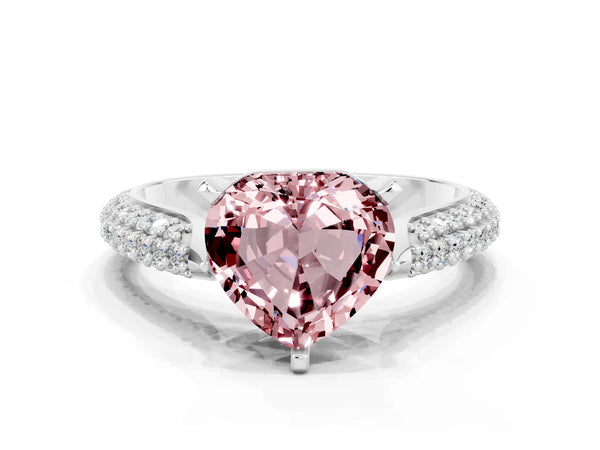 Platinum Heart Cut Diamond Solitaire Engagement Ring with Pavé Band and Four-Prong Setting