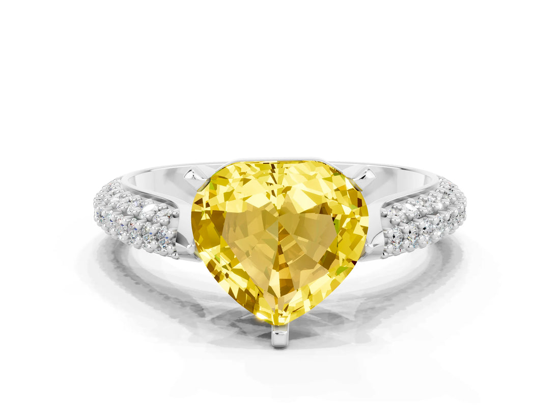 White gold Heart Cut Diamond Solitaire Engagement Ring with Pavé Band and Four-Prong Setting