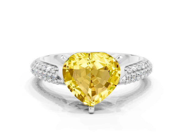 Platinum Heart Cut Yellow Sapphire Solitaire Engagement Ring with Multi-Row Round Pavé Band and Prong Setting