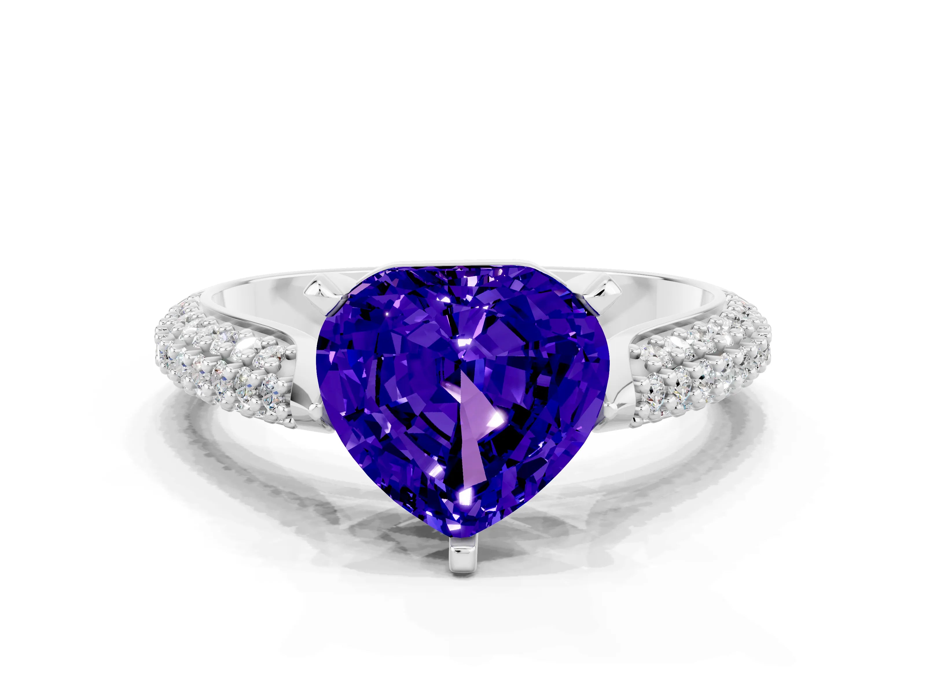 White gold Heart Cut Diamond Solitaire Engagement Ring with Pavé Band and Four-Prong Setting