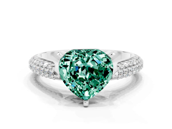 Silver Heart Cut Green Sapphire Solitaire Engagement Ring with Multi-Row Round Pavé Band and Prong Setting