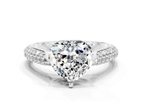 White gold Heart Cut Diamond Solitaire Engagement Ring with Pavé Band and Four-Prong Setting