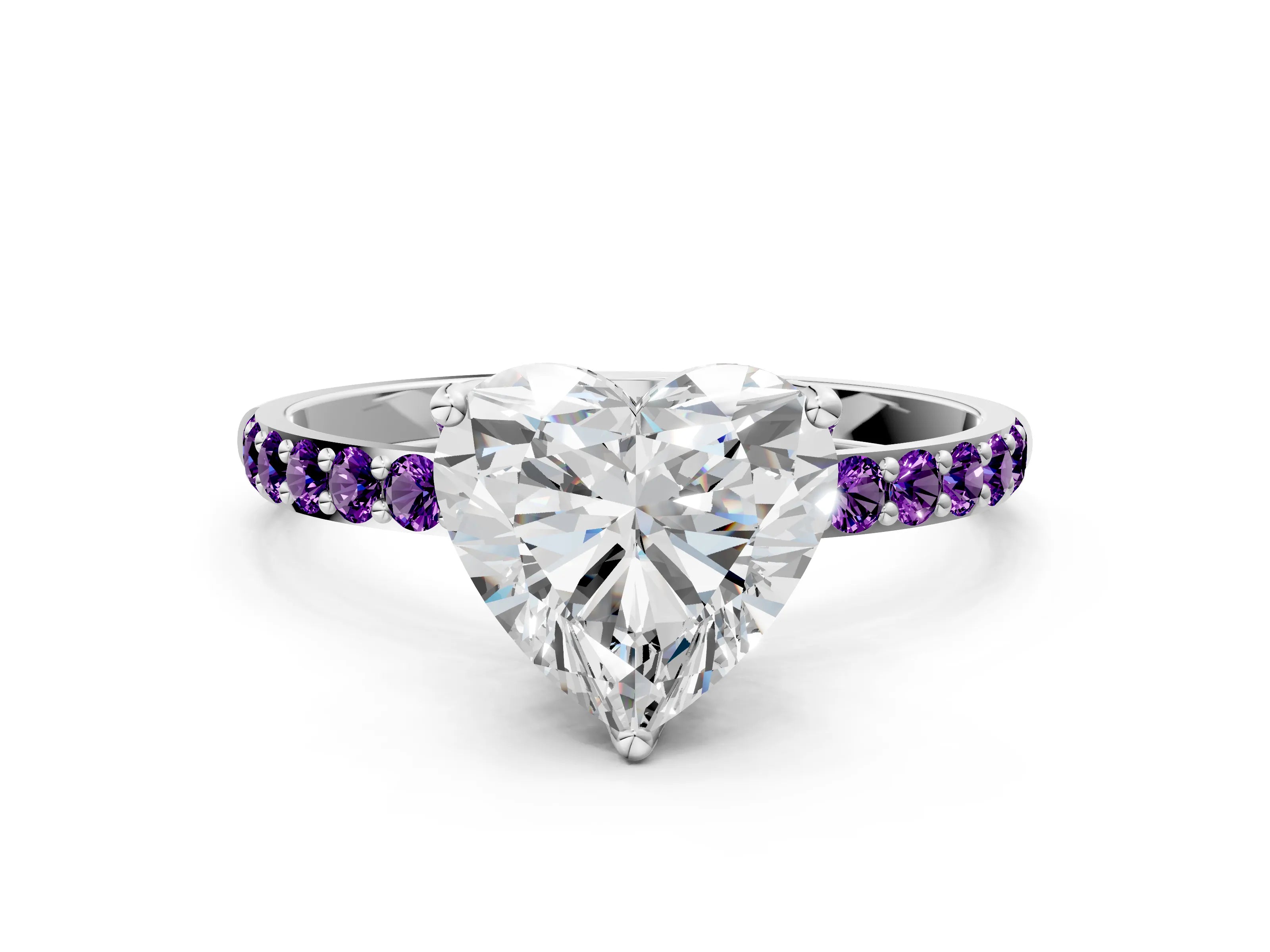White gold Heart Cut Diamond Solitaire Engagement Ring with Round with Amethyst side stone Pavé Band and Prong Setting_12