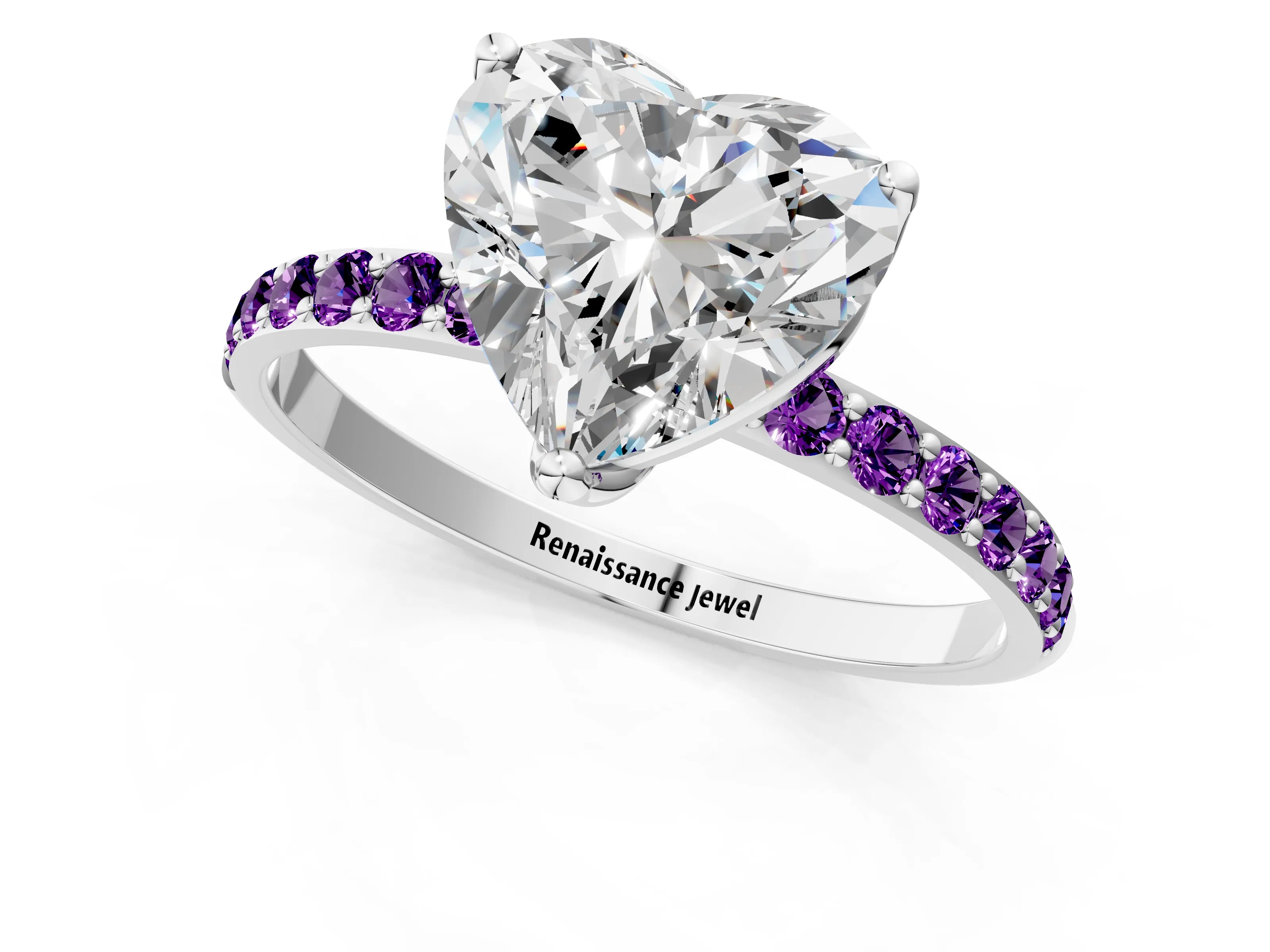 White gold Heart Cut Diamond Solitaire Engagement Ring with Round with Amethyst side stone Pavé Band and Prong Setting_13
