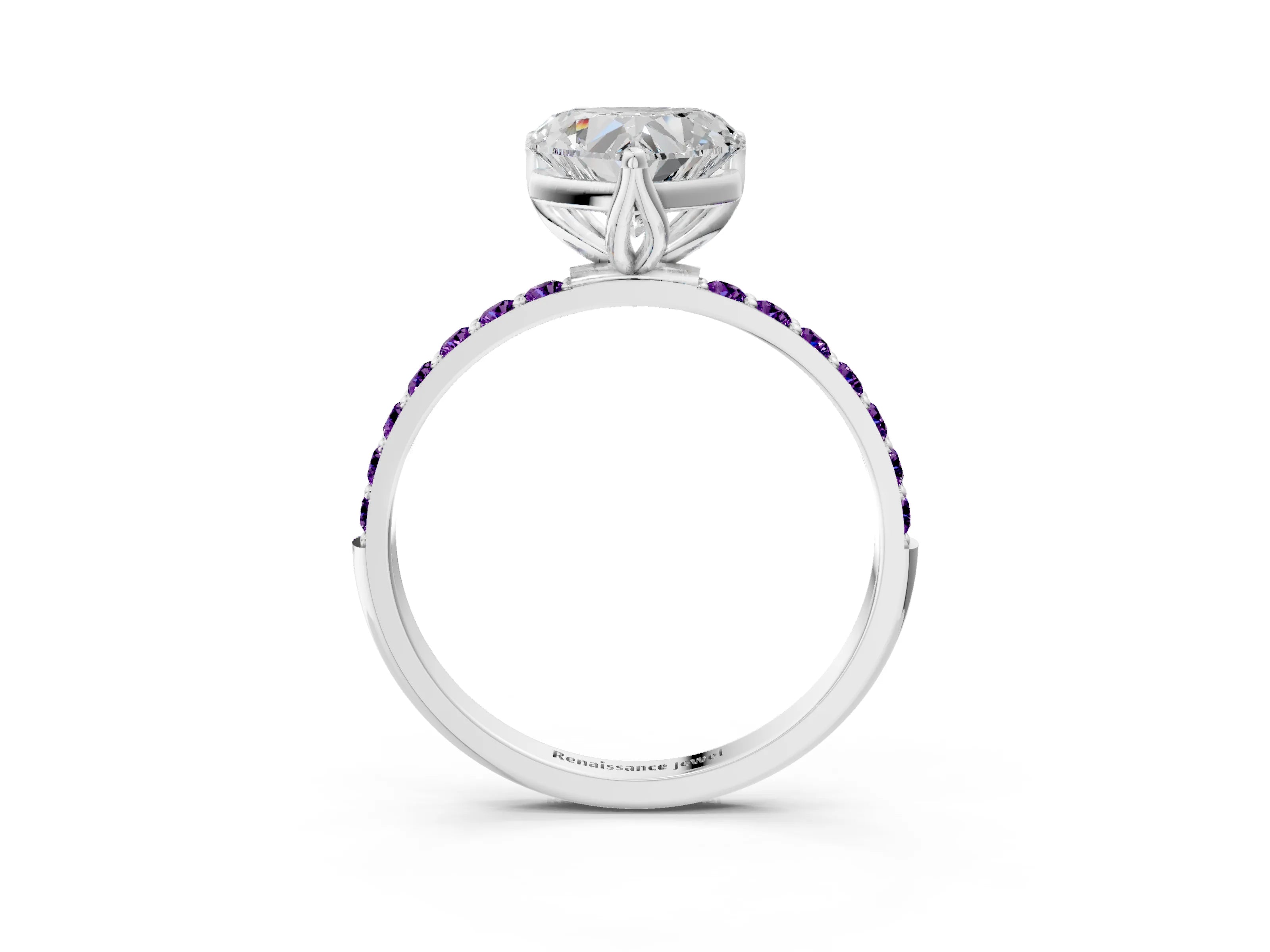 White gold Heart Cut Diamond Solitaire Engagement Ring with Round with Amethyst side stone Pavé Band and Prong Setting_15