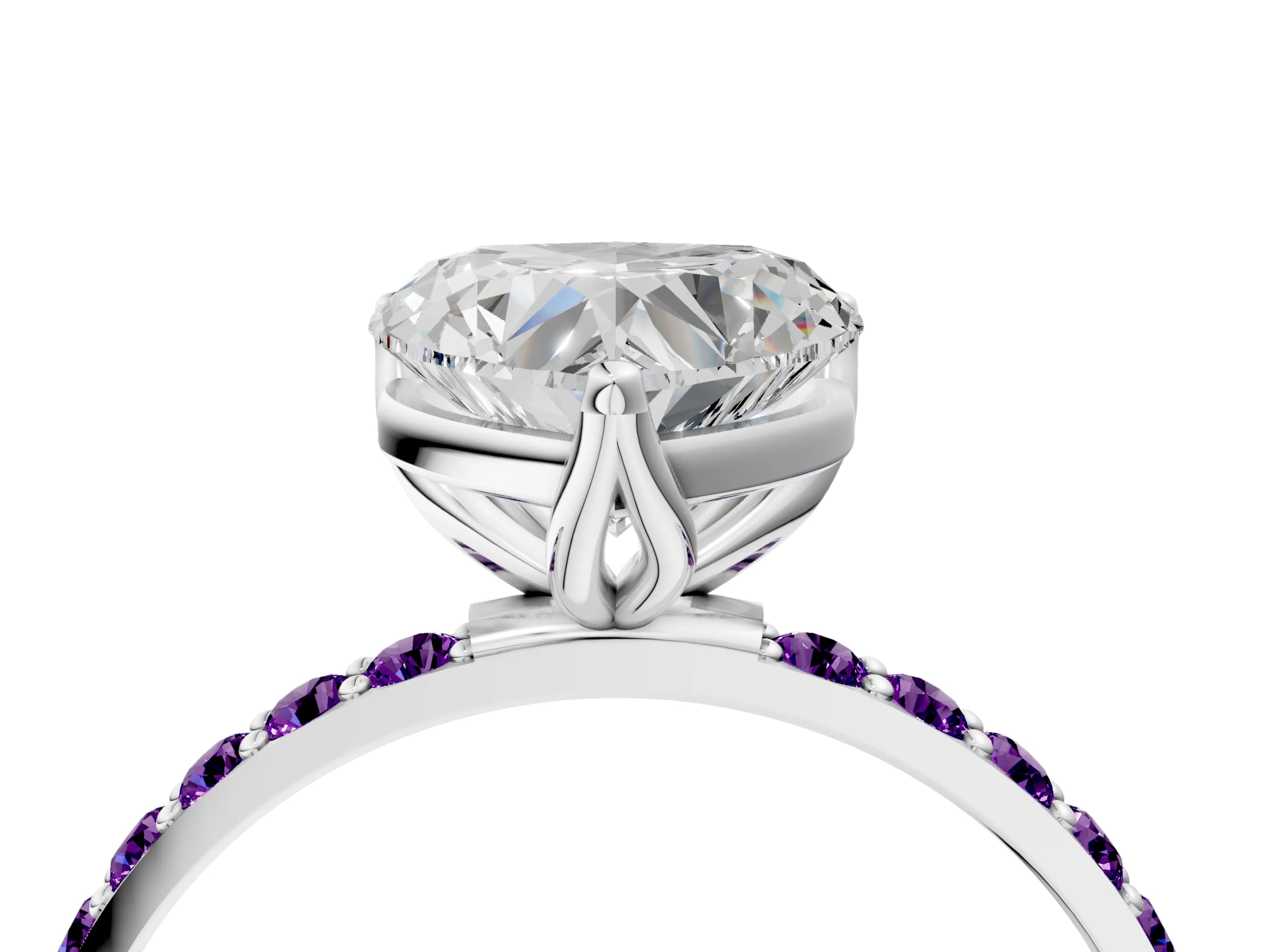 White gold Heart Cut Diamond Solitaire Engagement Ring with Round with Amethyst side stone Pavé Band and Prong Setting_16