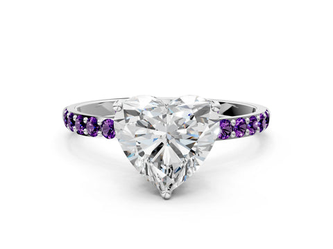 White gold Heart Cut Diamond Solitaire Engagement Ring with Round with Amethyst side stone Pavé Band and Prong Setting_24