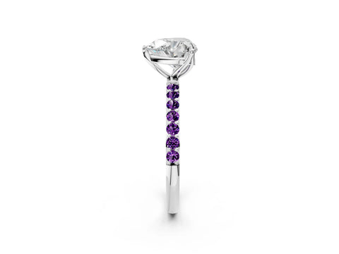 White gold Heart Cut Diamond Solitaire Engagement Ring with Round with Amethyst side stone Pavé Band and Prong Setting_26