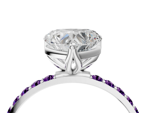 White gold Heart Cut Diamond Solitaire Engagement Ring with Round with Amethyst side stone Pavé Band and Prong Setting_28