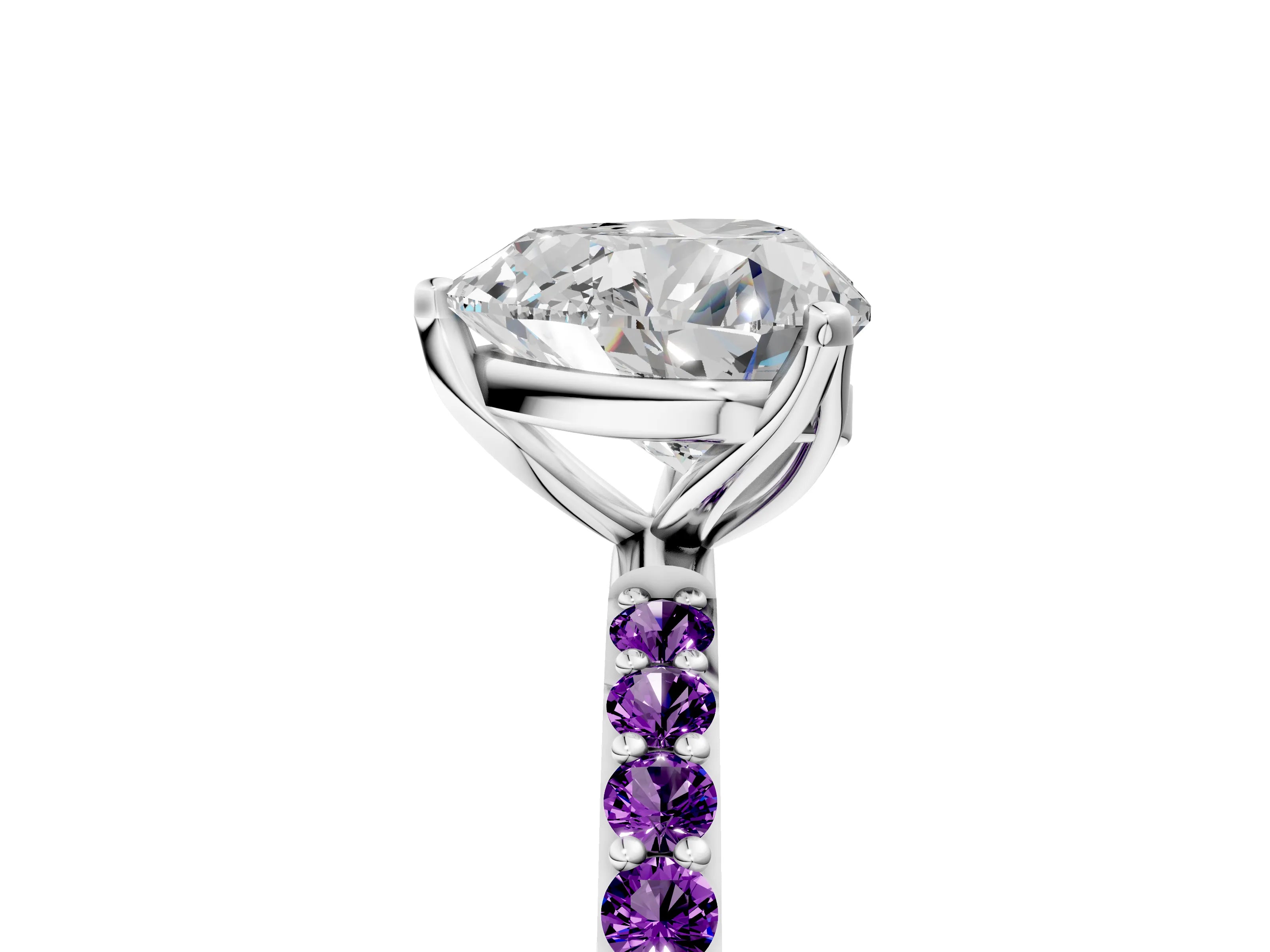 White gold Heart Cut Diamond Solitaire Engagement Ring with Round with Amethyst side stone Pavé Band and Prong Setting_29