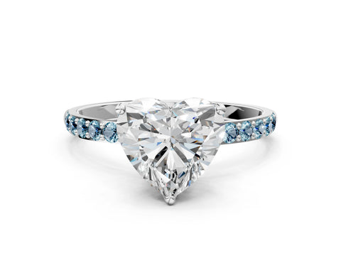 White gold Heart Cut Diamond Solitaire Engagement Ring with Round with Aquamarine side stone Pavé Band and Prong Setting_12