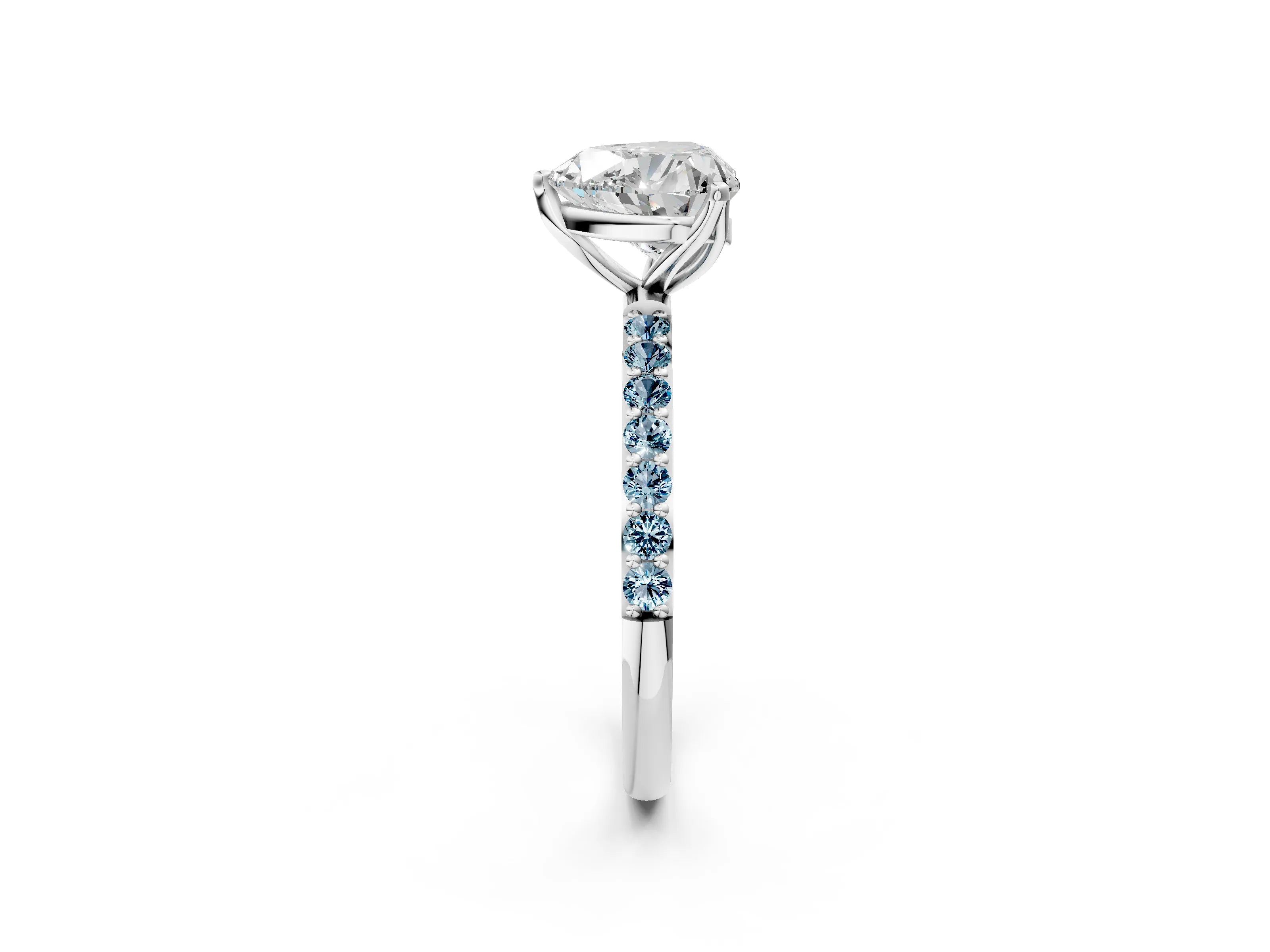 White gold Heart Cut Diamond Solitaire Engagement Ring with Round with Aquamarine side stone Pavé Band and Prong Setting_14