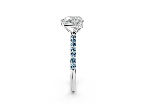 White gold Heart Cut Diamond Solitaire Engagement Ring with Round with Aquamarine side stone Pavé Band and Prong Setting_14