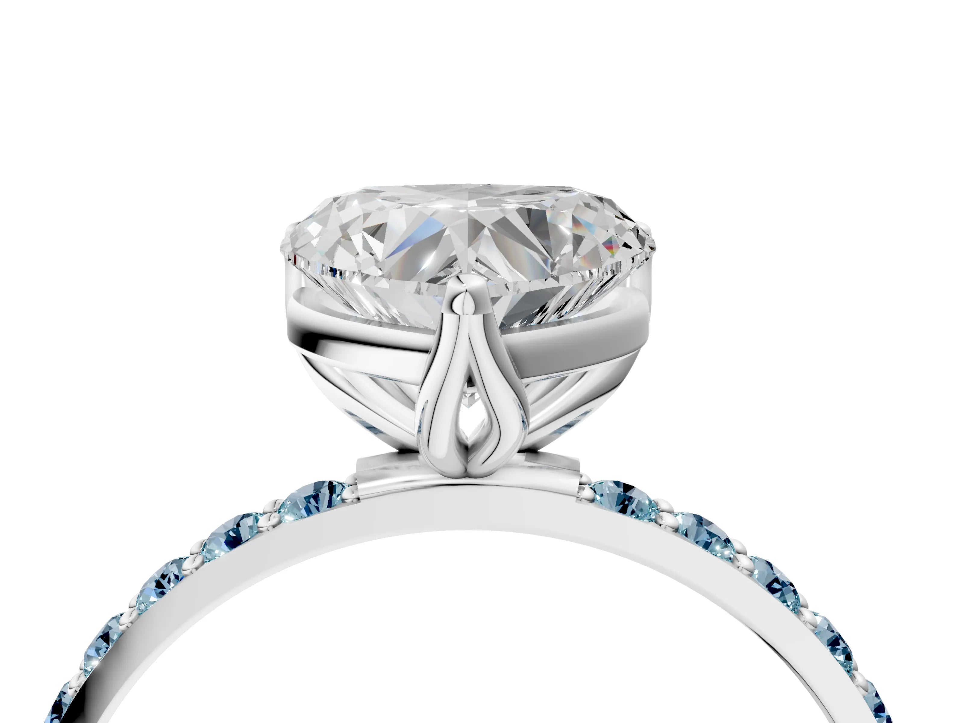 White gold Heart Cut Diamond Solitaire Engagement Ring with Round with Aquamarine side stone Pavé Band and Prong Setting_16