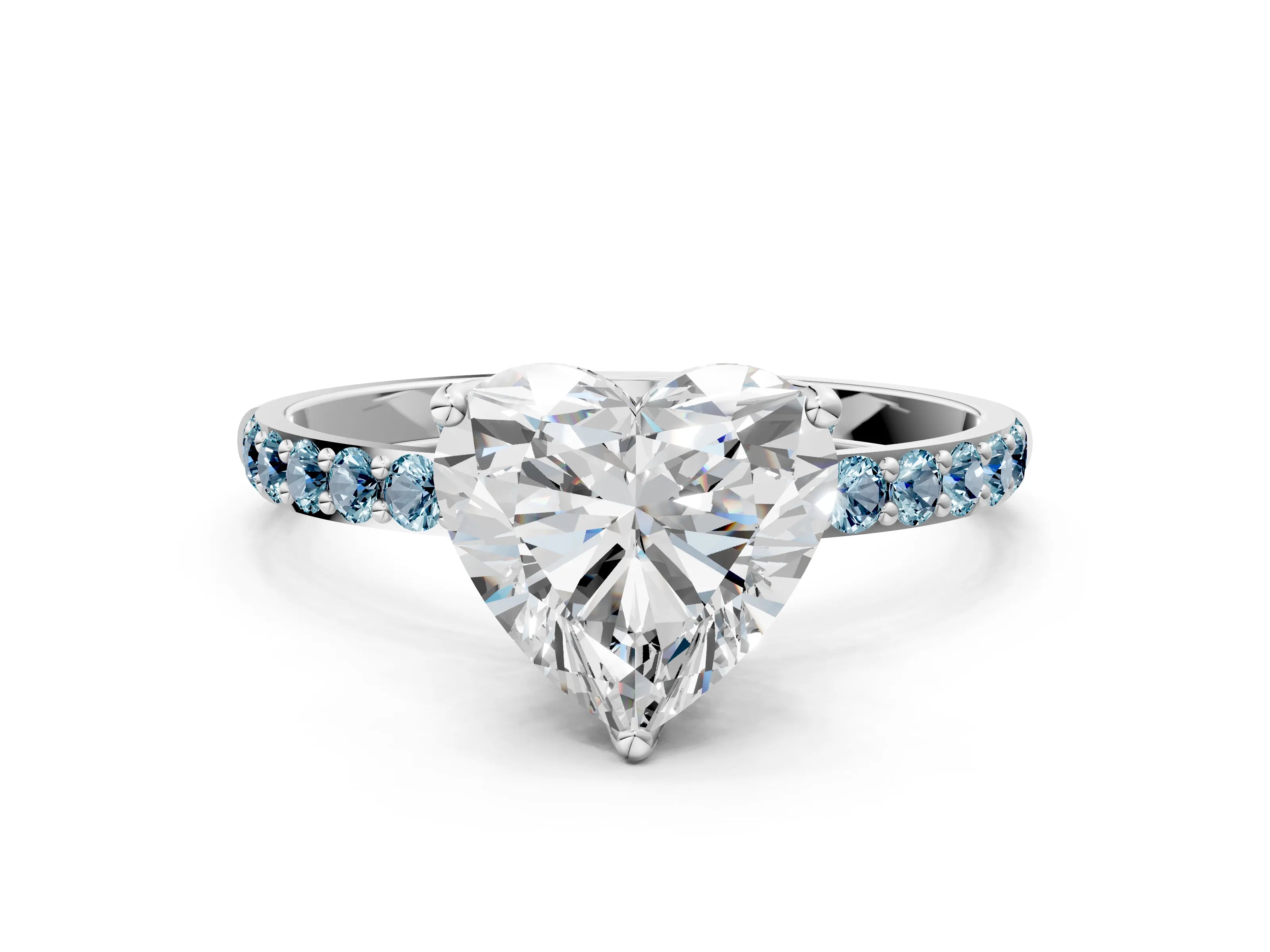 White gold Heart Cut Diamond Solitaire Engagement Ring with Round with Aquamarine side stone Pavé Band and Prong Setting_24