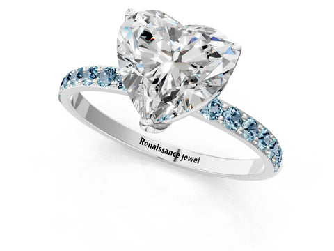 White gold Heart Cut Diamond Solitaire Engagement Ring with Round with Aquamarine side stone Pavé Band and Prong Setting_25