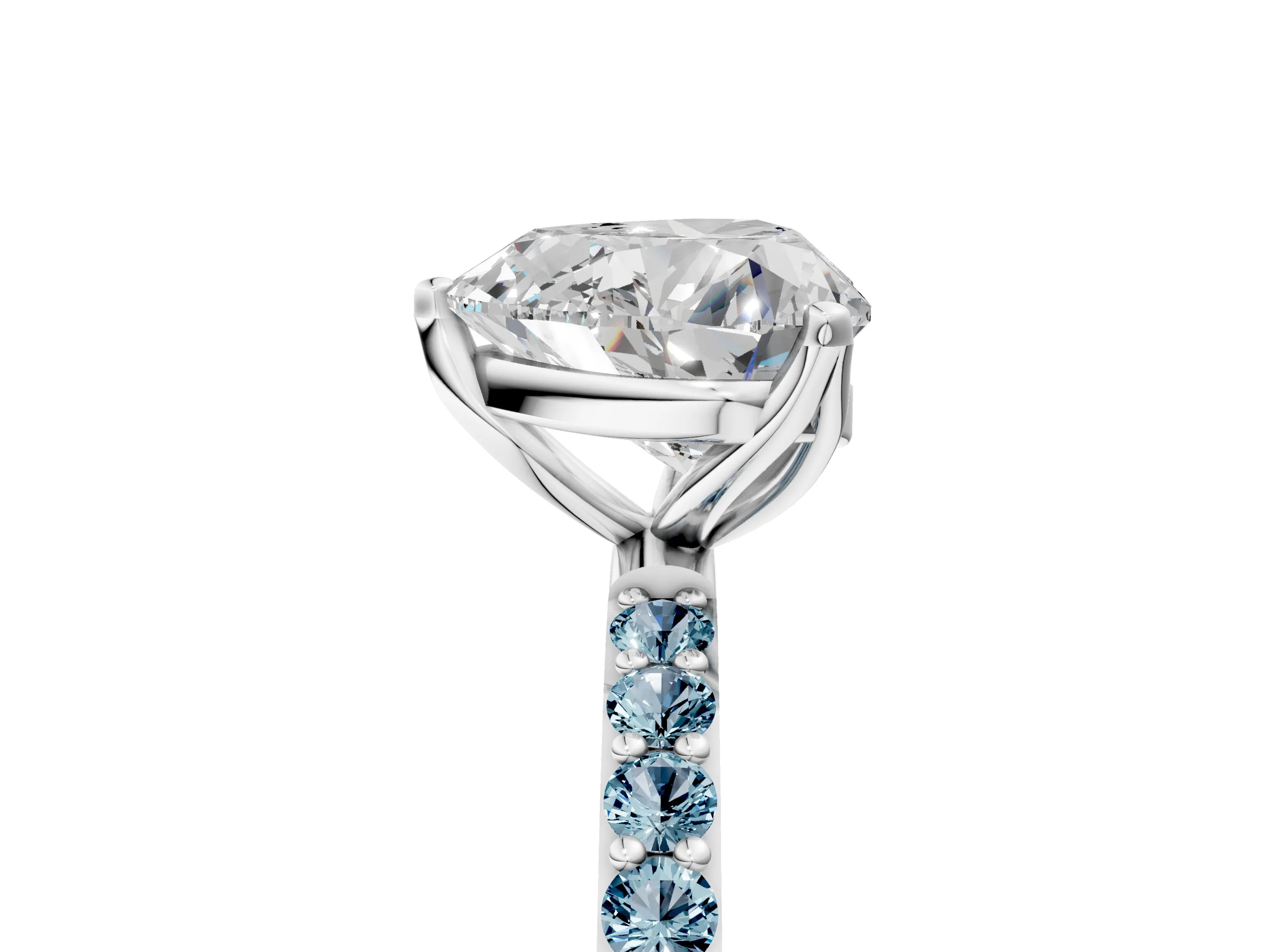 White gold Heart Cut Diamond Solitaire Engagement Ring with Round with Aquamarine side stone Pavé Band and Prong Setting_29