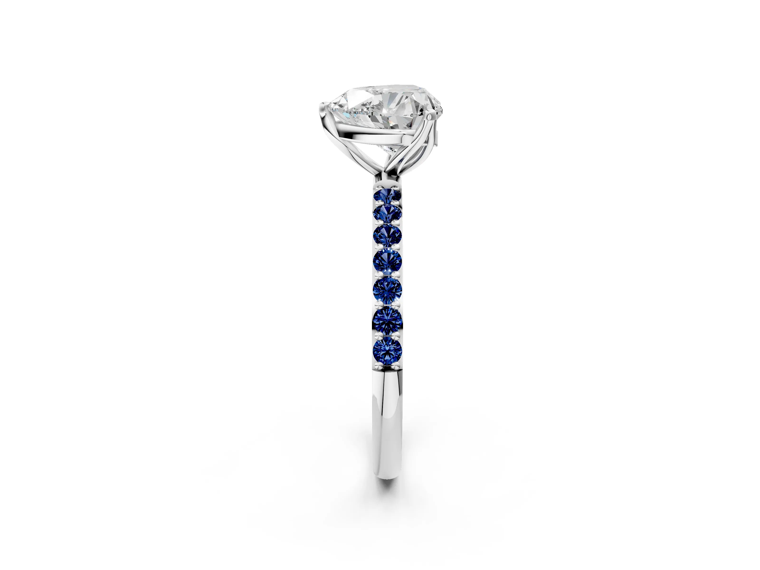 White gold Heart Cut Diamond Solitaire Engagement Ring with Round with Blue Sapphire side stone Pavé Band and Prong Setting_14