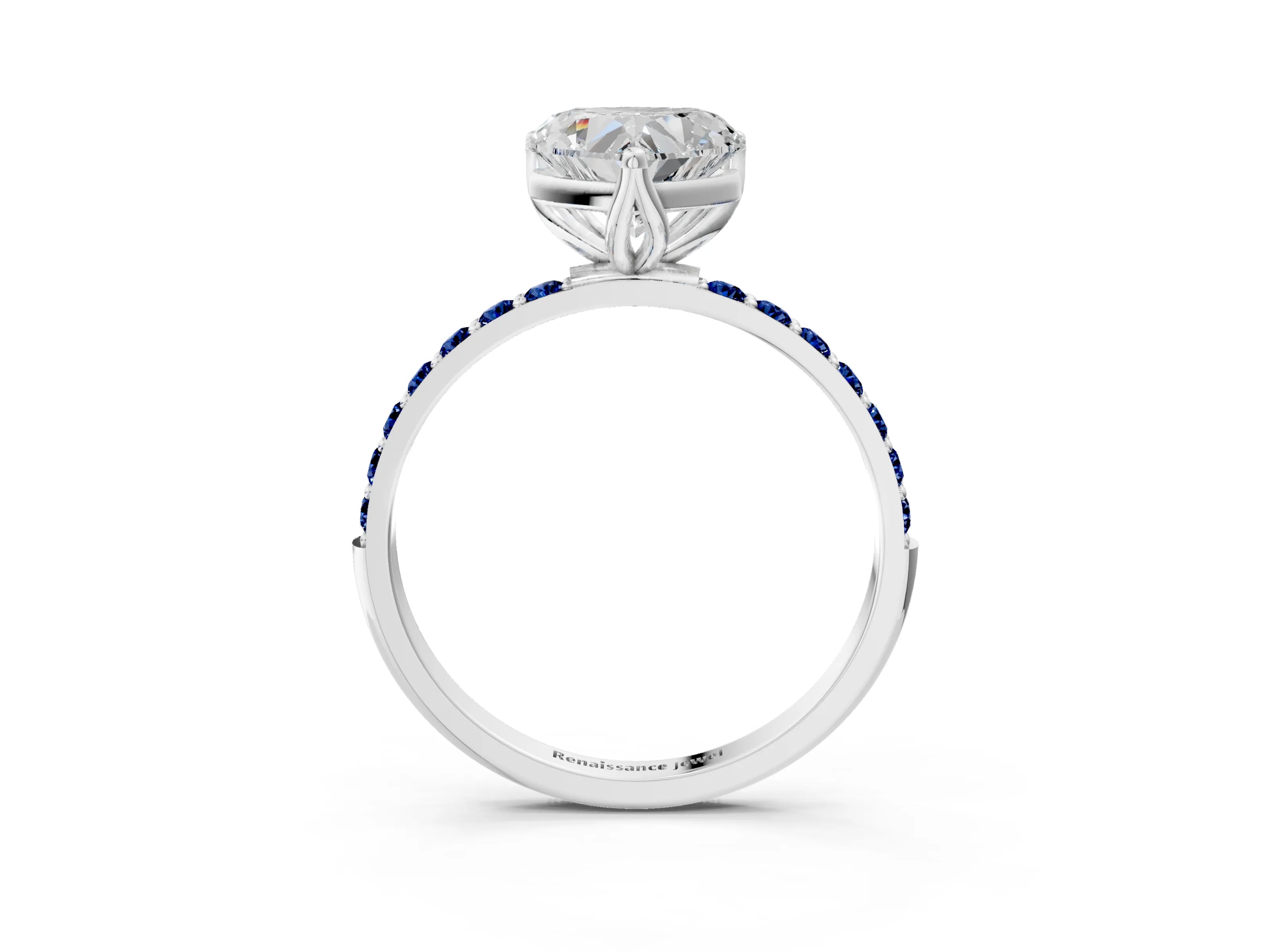 White gold Heart Cut Diamond Solitaire Engagement Ring with Round with Blue Sapphire side stone Pavé Band and Prong Setting_15