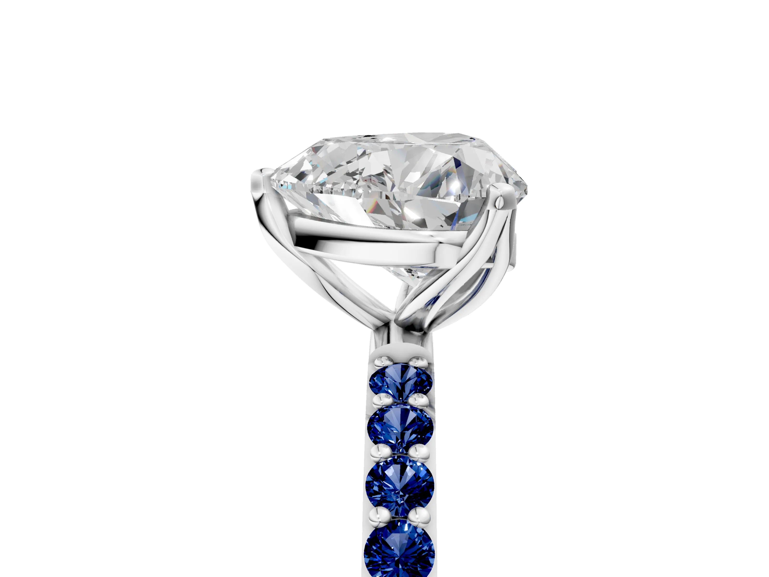 White gold Heart Cut Diamond Solitaire Engagement Ring with Round with Blue Sapphire side stone Pavé Band and Prong Setting_17