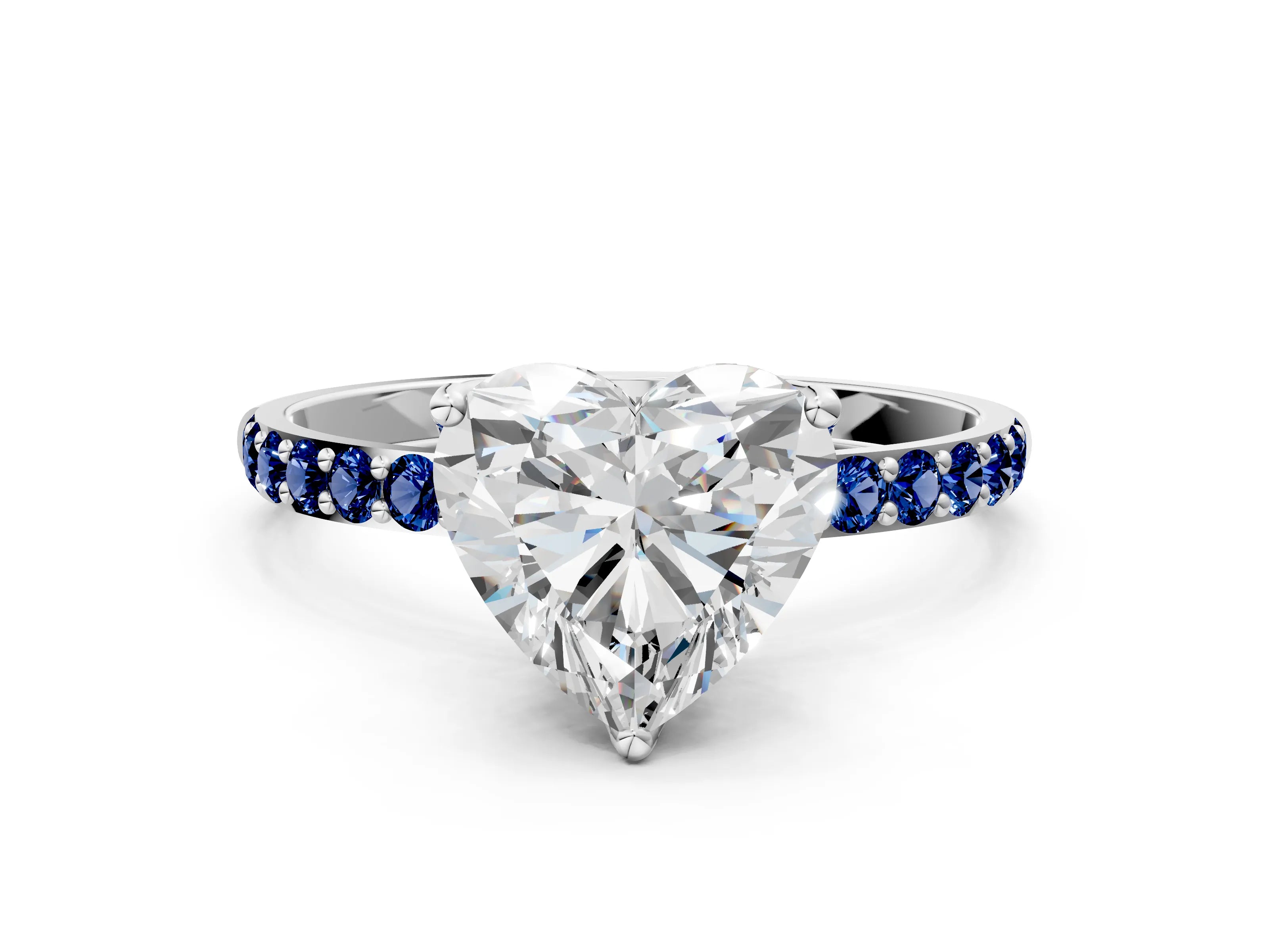White gold Heart Cut Diamond Solitaire Engagement Ring with Round with Blue Sapphire side stone Pavé Band and Prong Setting_24