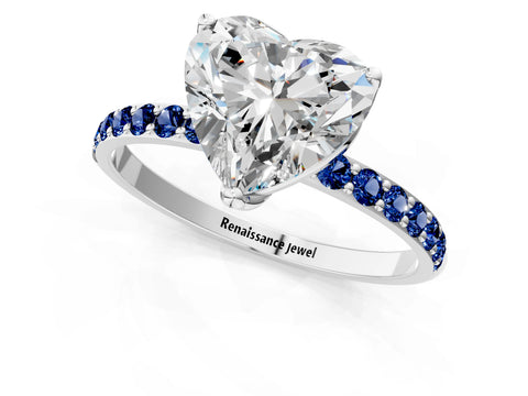 White gold Heart Cut Diamond Solitaire Engagement Ring with Round with Blue Sapphire side stone Pavé Band and Prong Setting_25