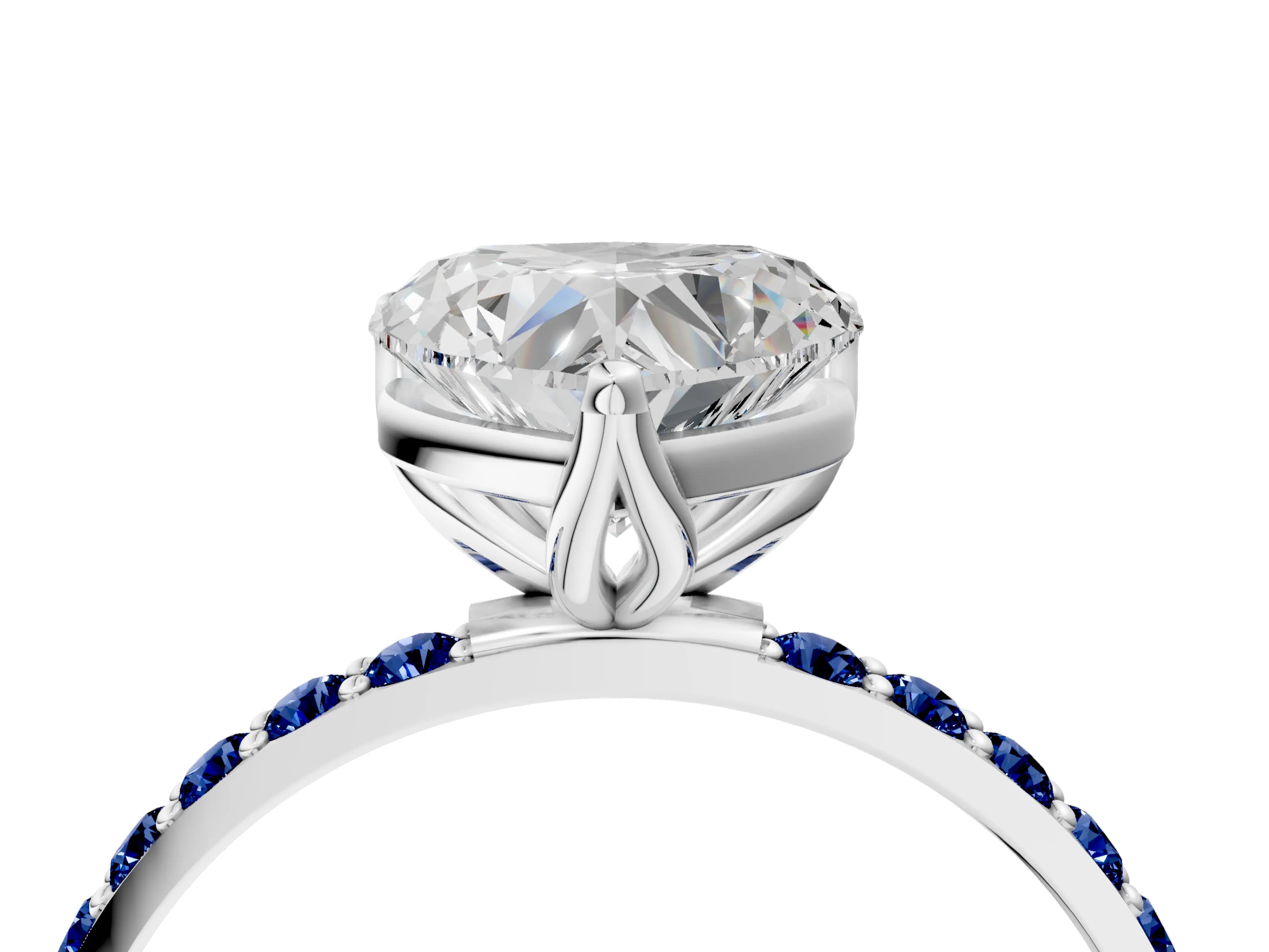 White gold Heart Cut Diamond Solitaire Engagement Ring with Round with Blue Sapphire side stone Pavé Band and Prong Setting_28