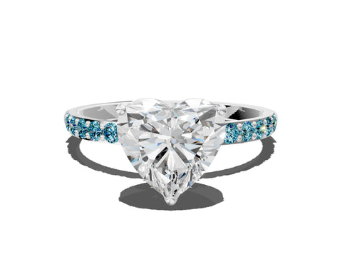 White gold Heart Cut Diamond Solitaire Engagement Ring with Round with Blue Topaz side stone Pavé Band and Prong Setting_12