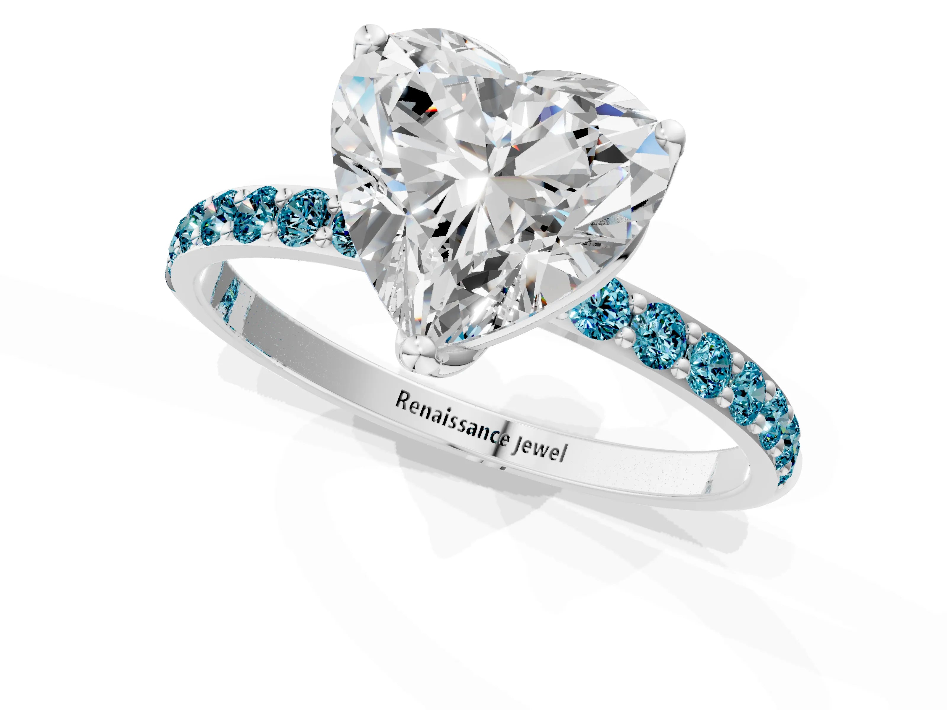 White gold Heart Cut Diamond Solitaire Engagement Ring with Round with Blue Topaz side stone Pavé Band and Prong Setting_25