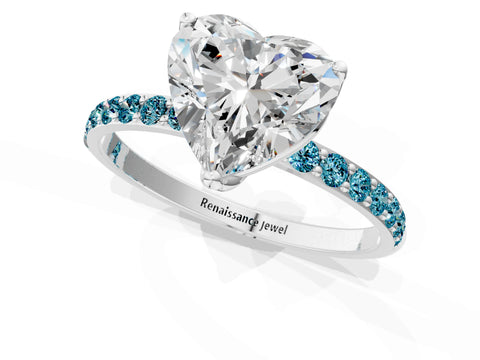 White gold Heart Cut Diamond Solitaire Engagement Ring with Round with Blue Topaz side stone Pavé Band and Prong Setting_25