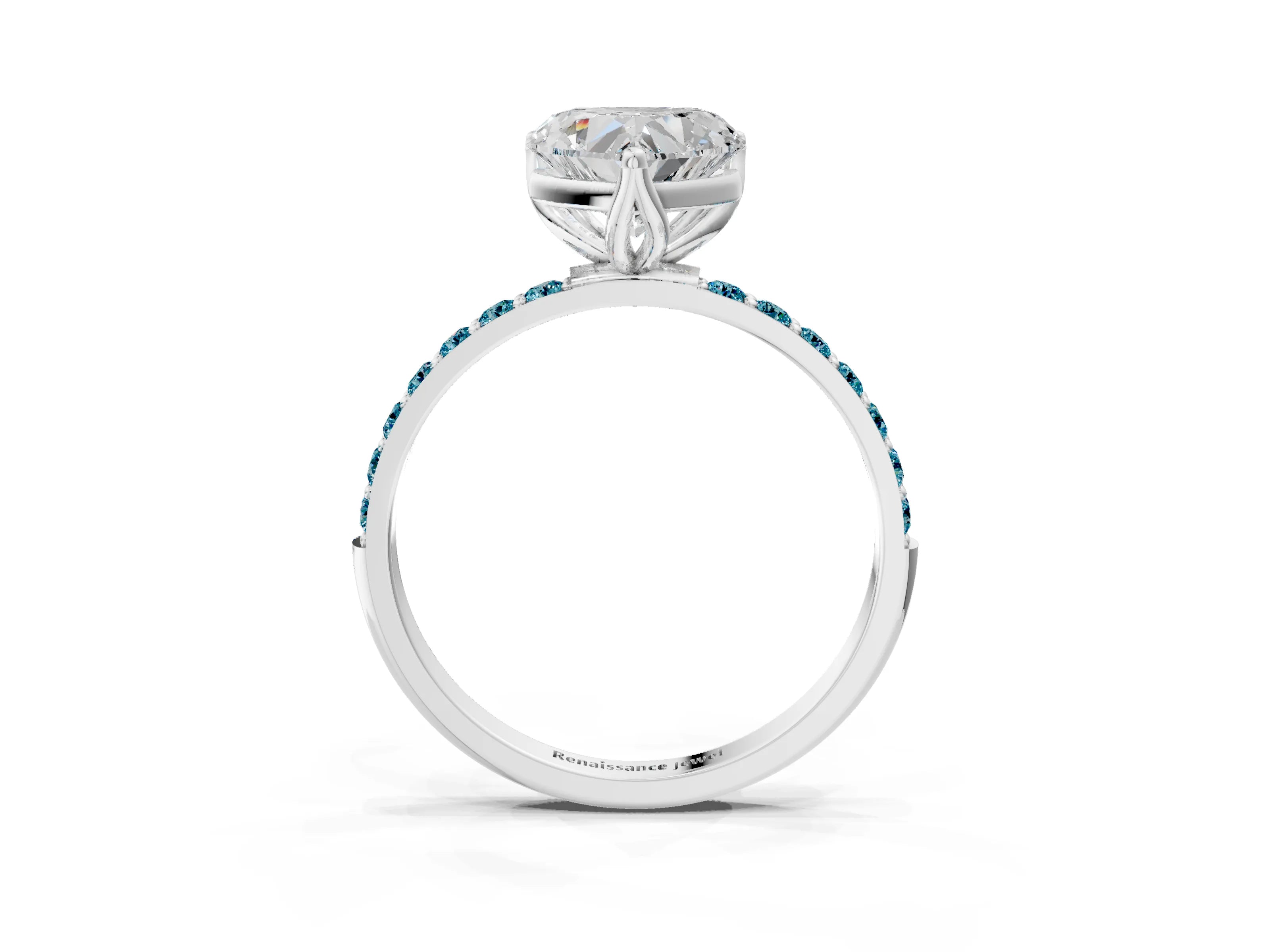 White gold Heart Cut Diamond Solitaire Engagement Ring with Round with Blue Topaz side stone Pavé Band and Prong Setting_27