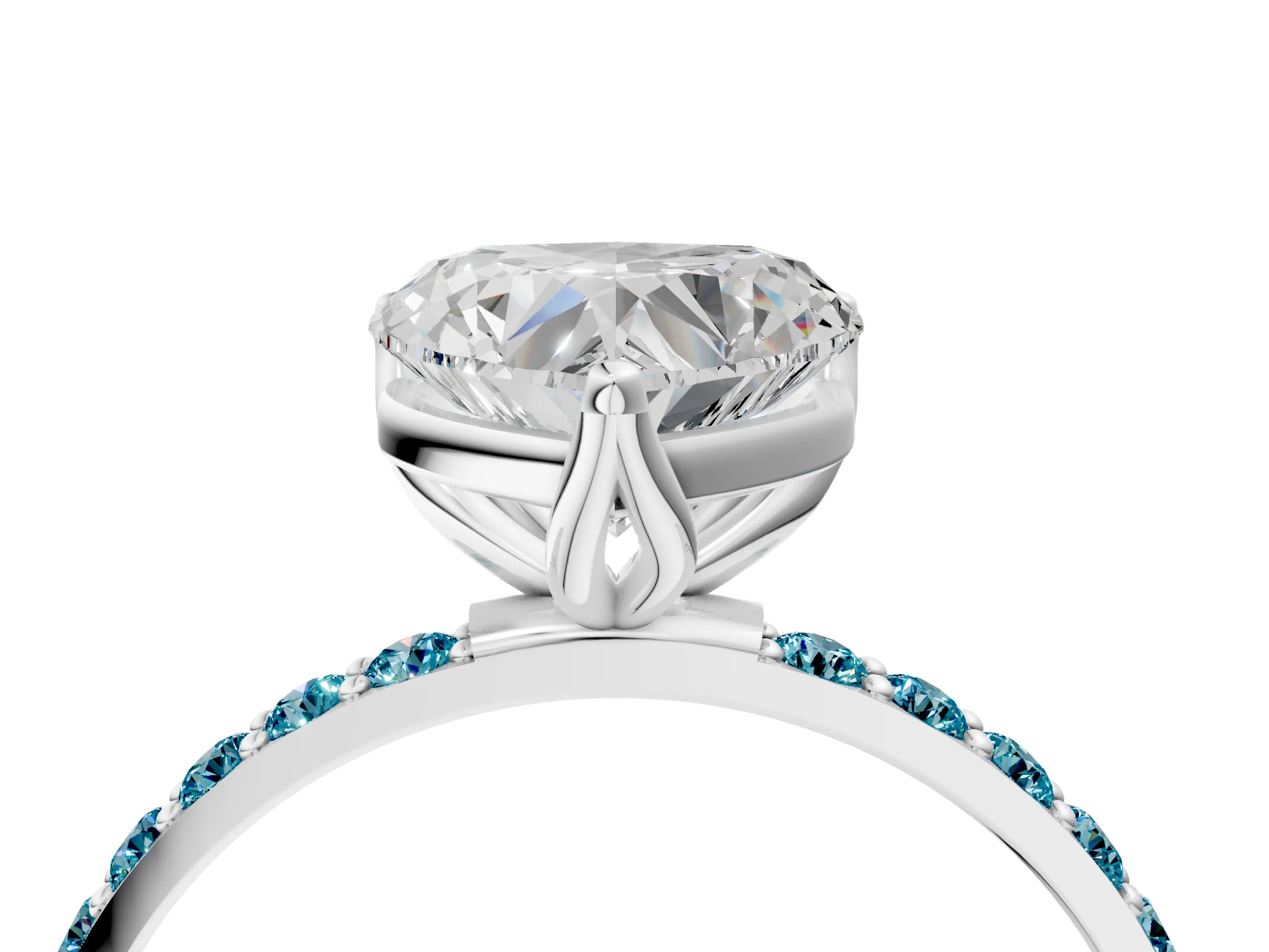 White gold Heart Cut Diamond Solitaire Engagement Ring with Round with Blue Topaz side stone Pavé Band and Prong Setting_28