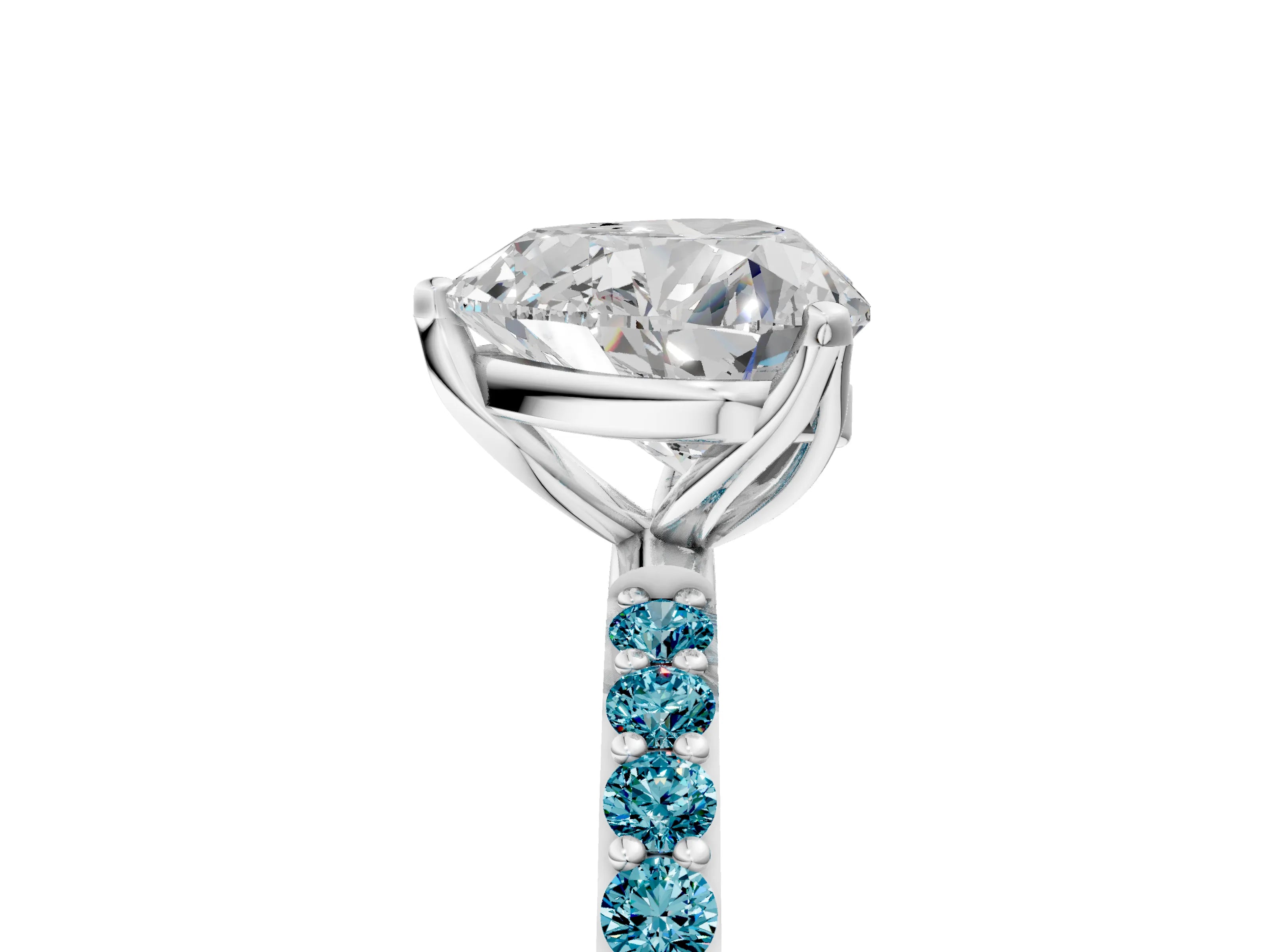 White gold Heart Cut Diamond Solitaire Engagement Ring with Round with Blue Topaz side stone Pavé Band and Prong Setting_29