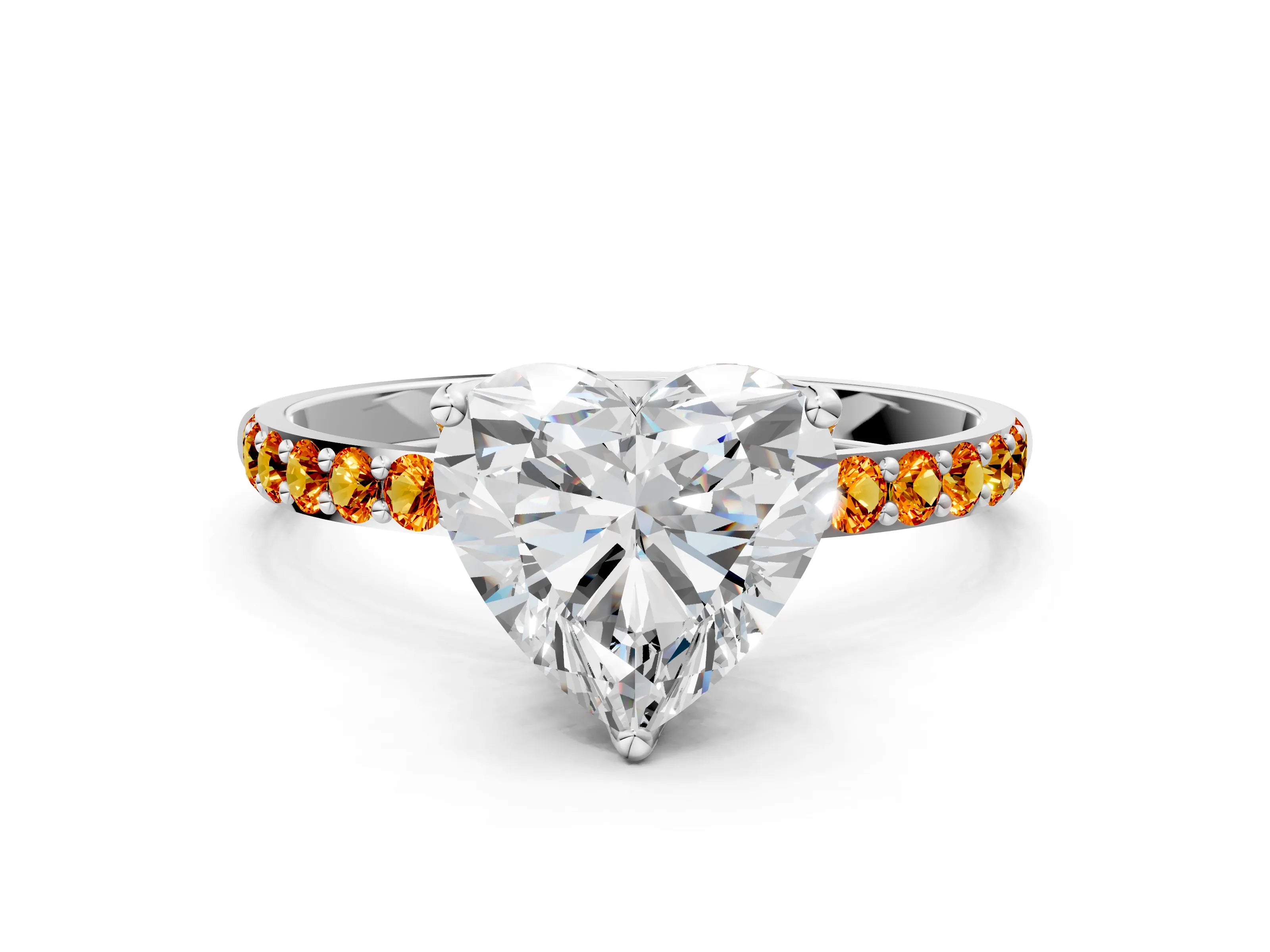 White gold Heart Cut Diamond Solitaire Engagement Ring with Round with Citrine side stone Pavé Band and Prong Setting_12