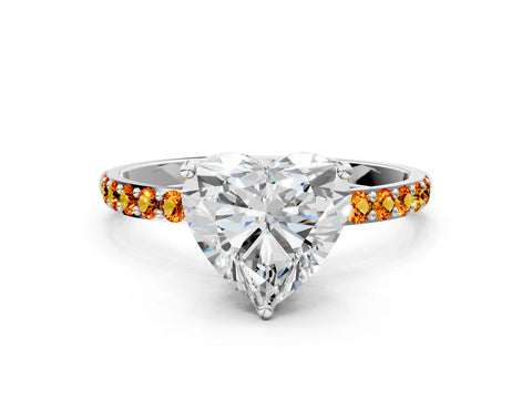 White gold Heart Cut Diamond Solitaire Engagement Ring with Round with Citrine side stone Pavé Band and Prong Setting_12