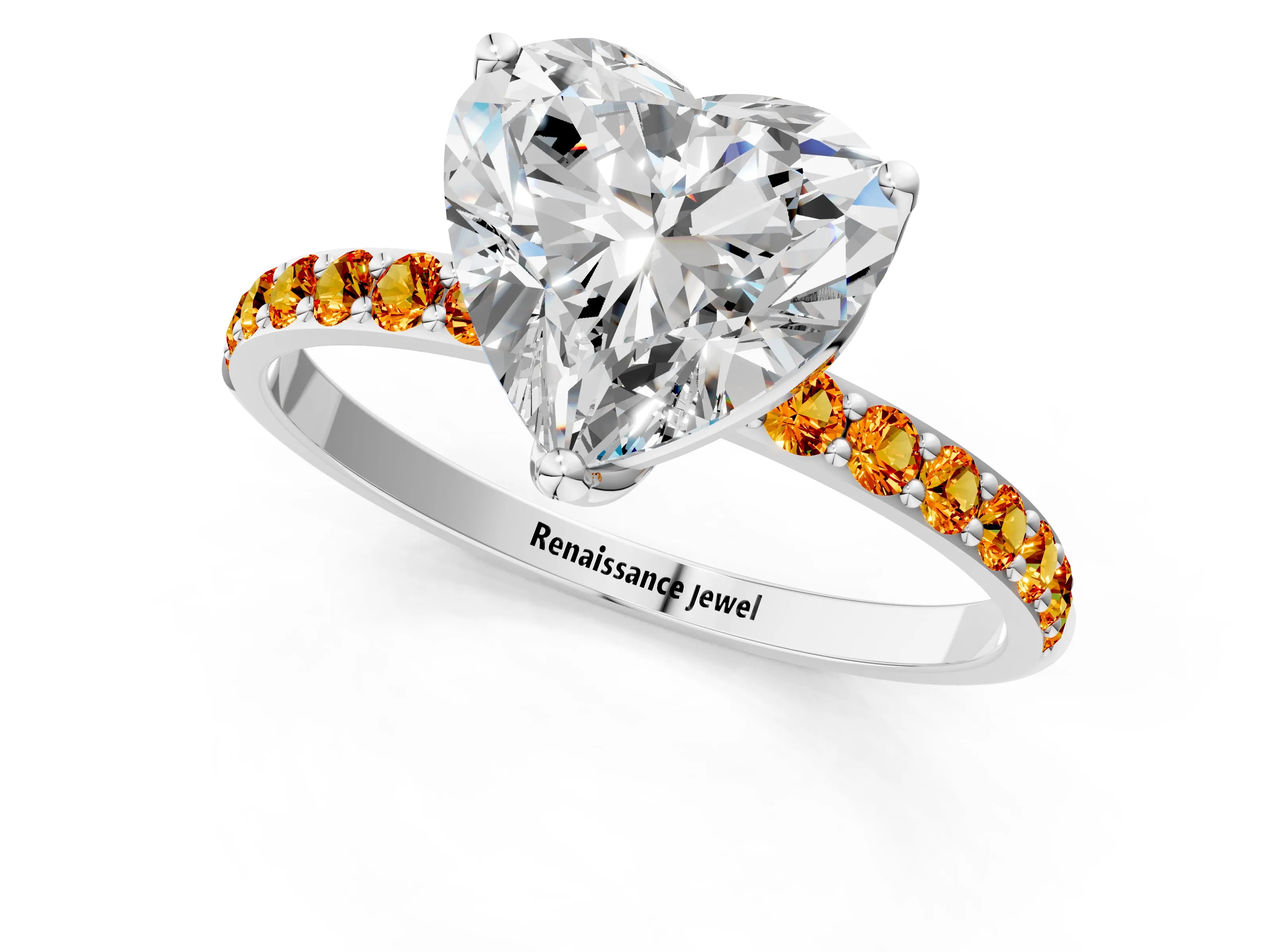 White gold Heart Cut Diamond Solitaire Engagement Ring with Round with Citrine side stone Pavé Band and Prong Setting_13