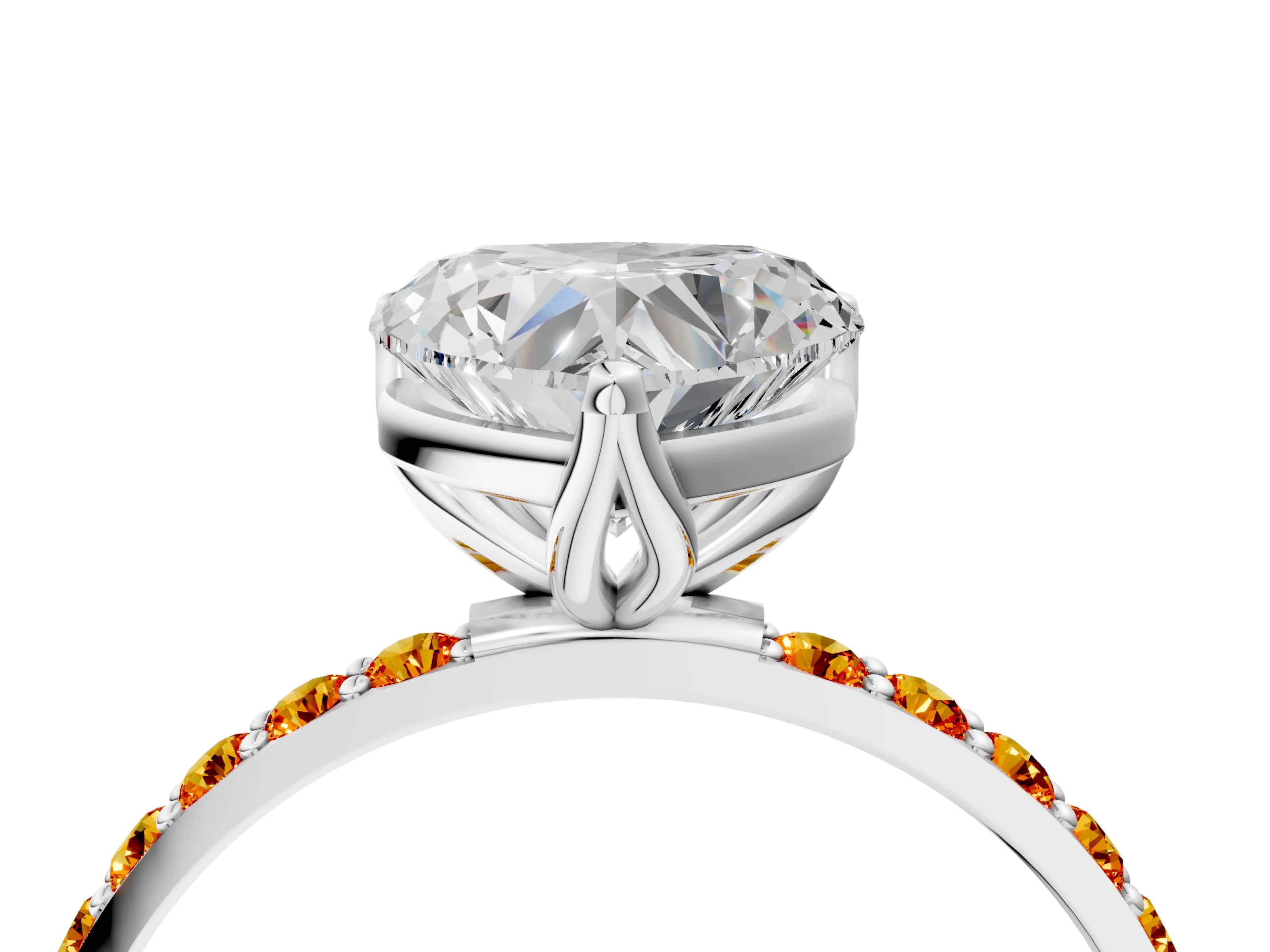 White gold Heart Cut Diamond Solitaire Engagement Ring with Round with Citrine side stone Pavé Band and Prong Setting_16