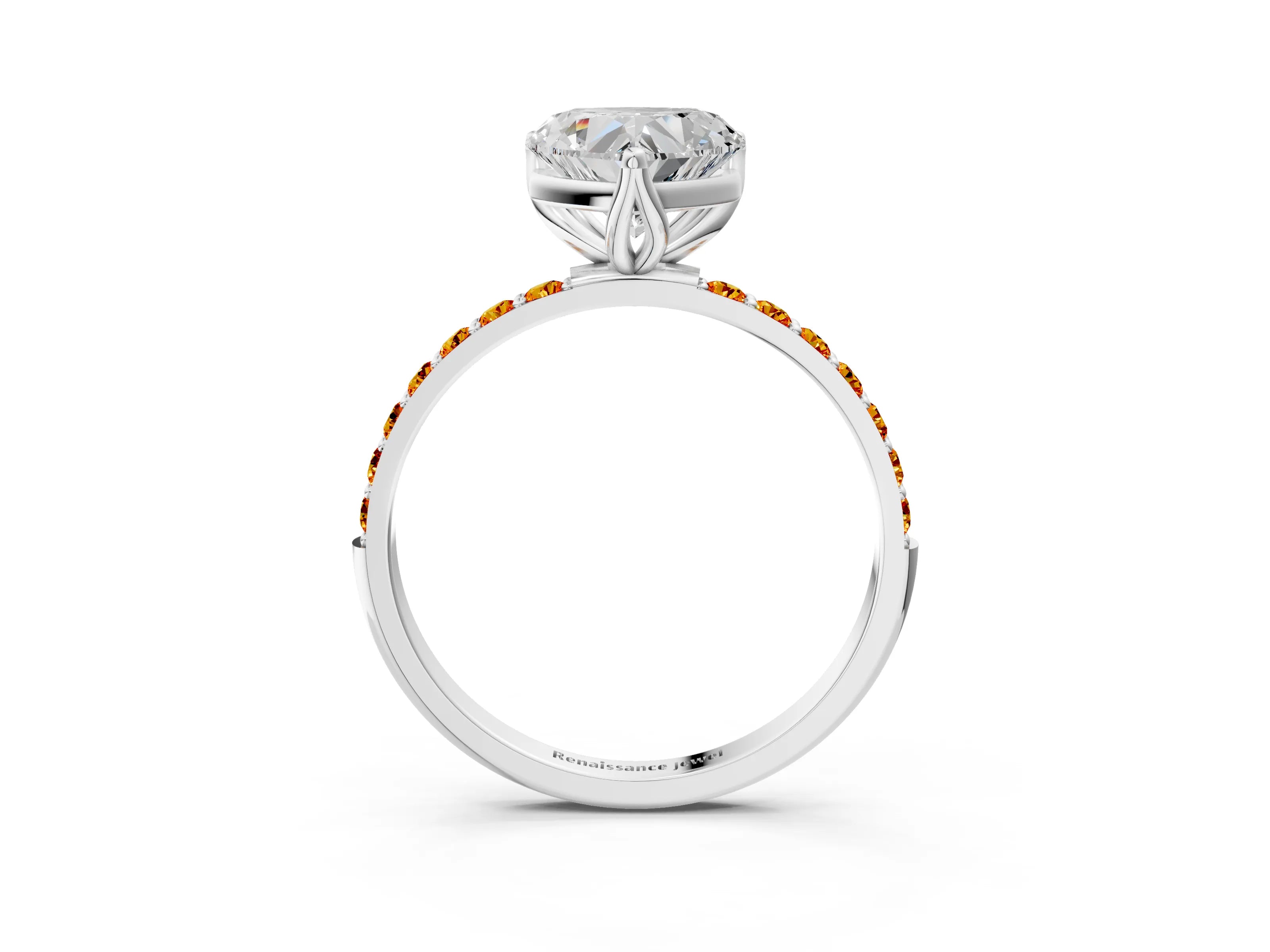 White gold Heart Cut Diamond Solitaire Engagement Ring with Round with Citrine side stone Pavé Band and Prong Setting_27