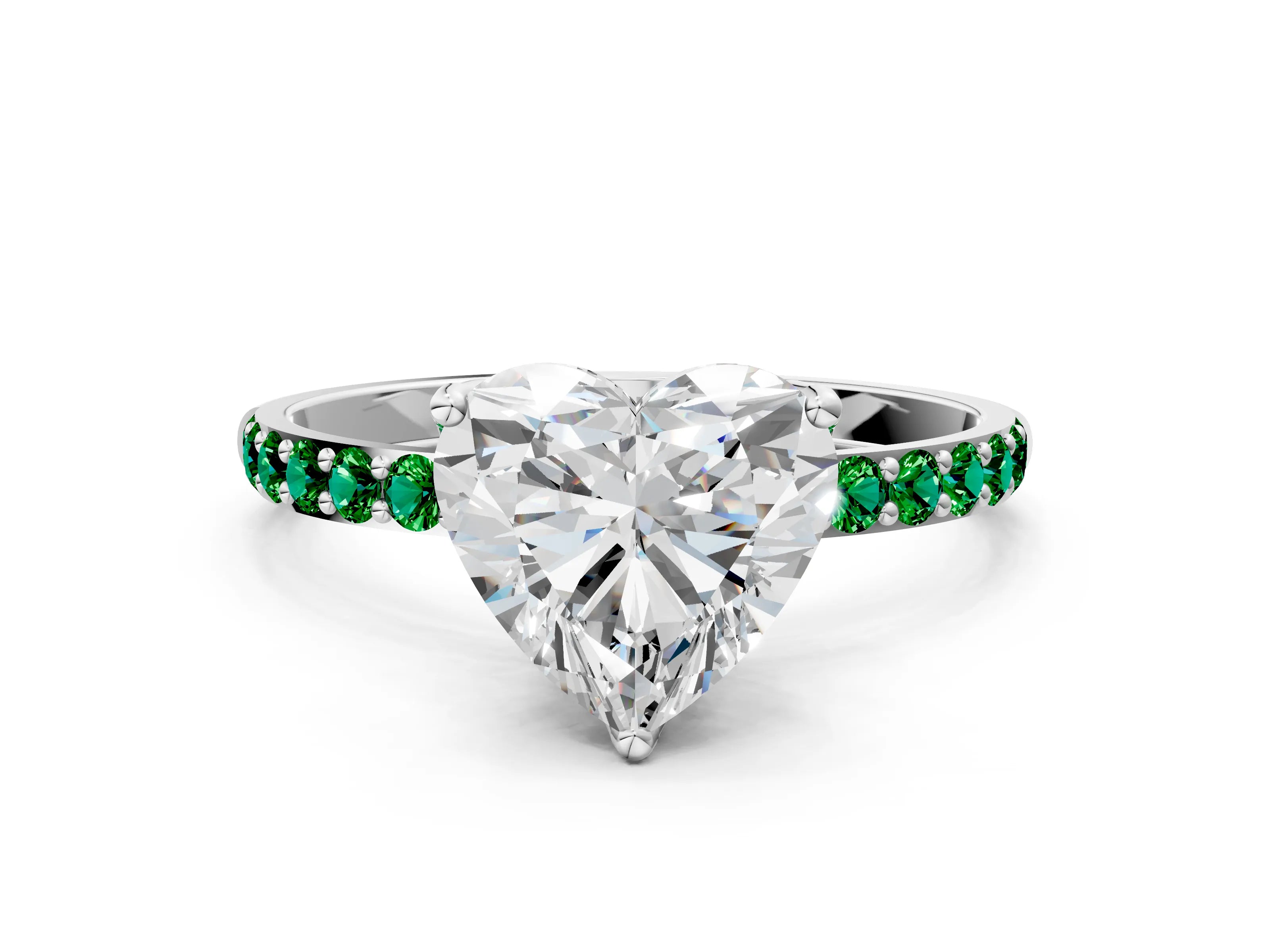 White gold Heart Cut Diamond Solitaire Engagement Ring with Round with Emerald side stone Pavé Band and Prong Setting_12