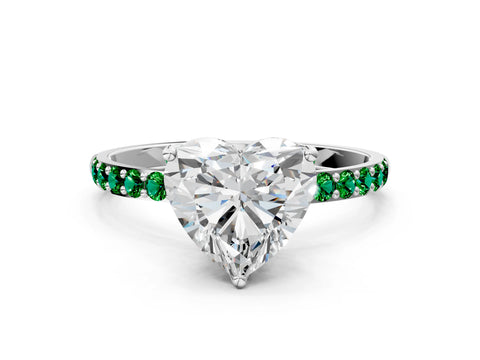 White gold Heart Cut Diamond Solitaire Engagement Ring with Round with Emerald side stone Pavé Band and Prong Setting_12