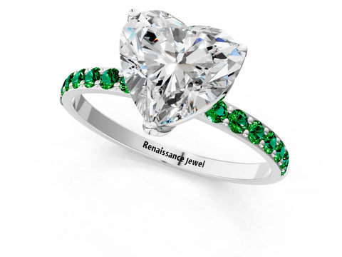White gold Heart Cut Diamond Solitaire Engagement Ring with Round with Emerald side stone Pavé Band and Prong Setting_13