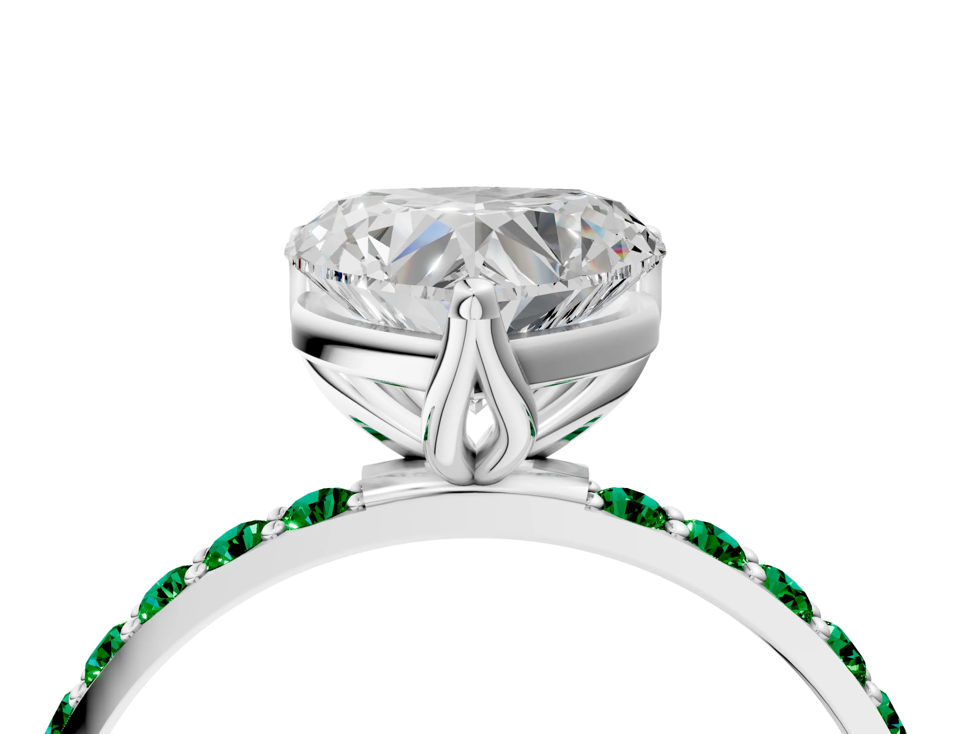 White gold Heart Cut Diamond Solitaire Engagement Ring with Round with Emerald side stone Pavé Band and Prong Setting_16