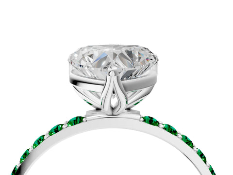 White gold Heart Cut Diamond Solitaire Engagement Ring with Round with Emerald side stone Pavé Band and Prong Setting_16