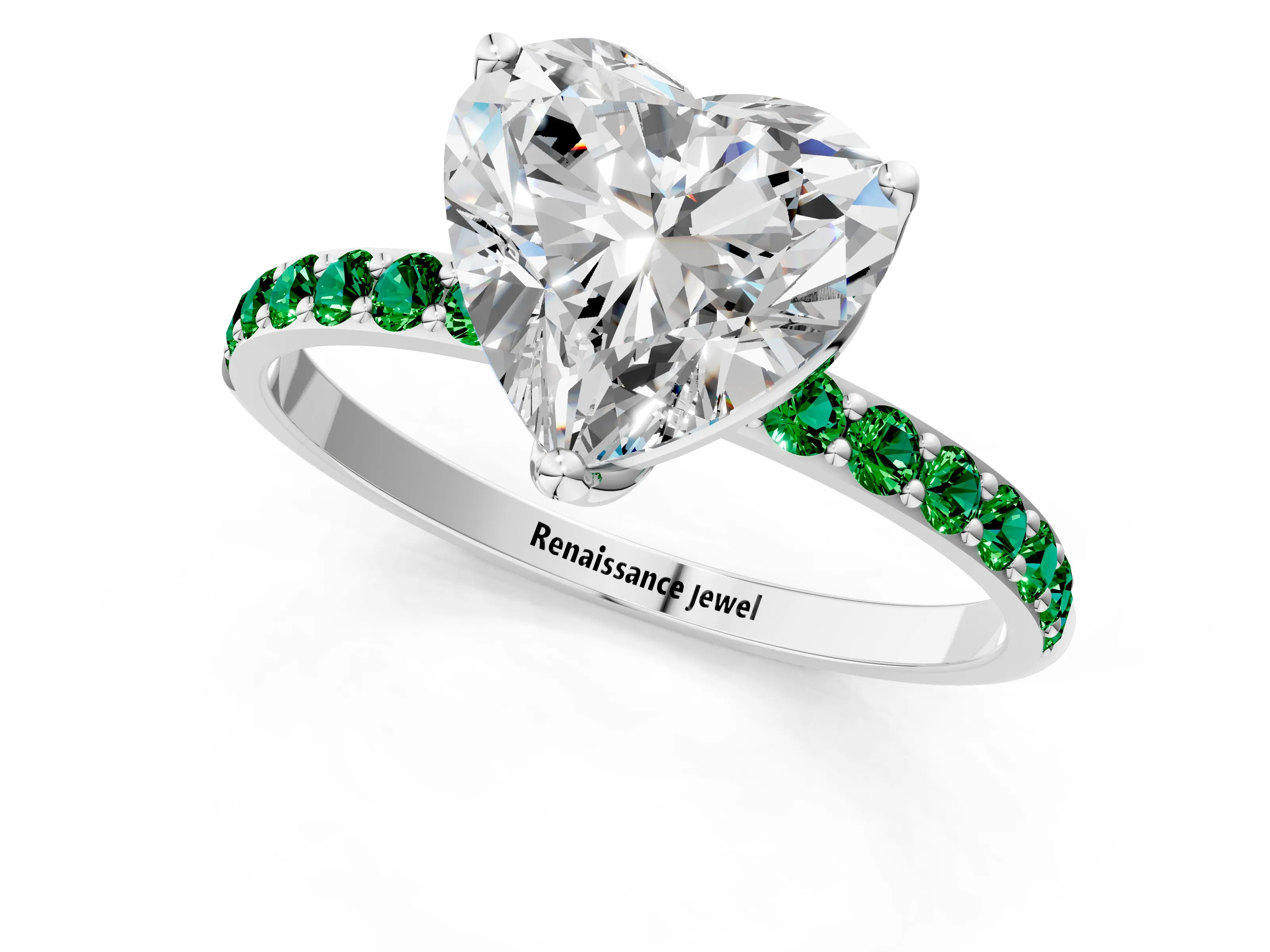 White gold Heart Cut Diamond Solitaire Engagement Ring with Round with Emerald side stone Pavé Band and Prong Setting_25