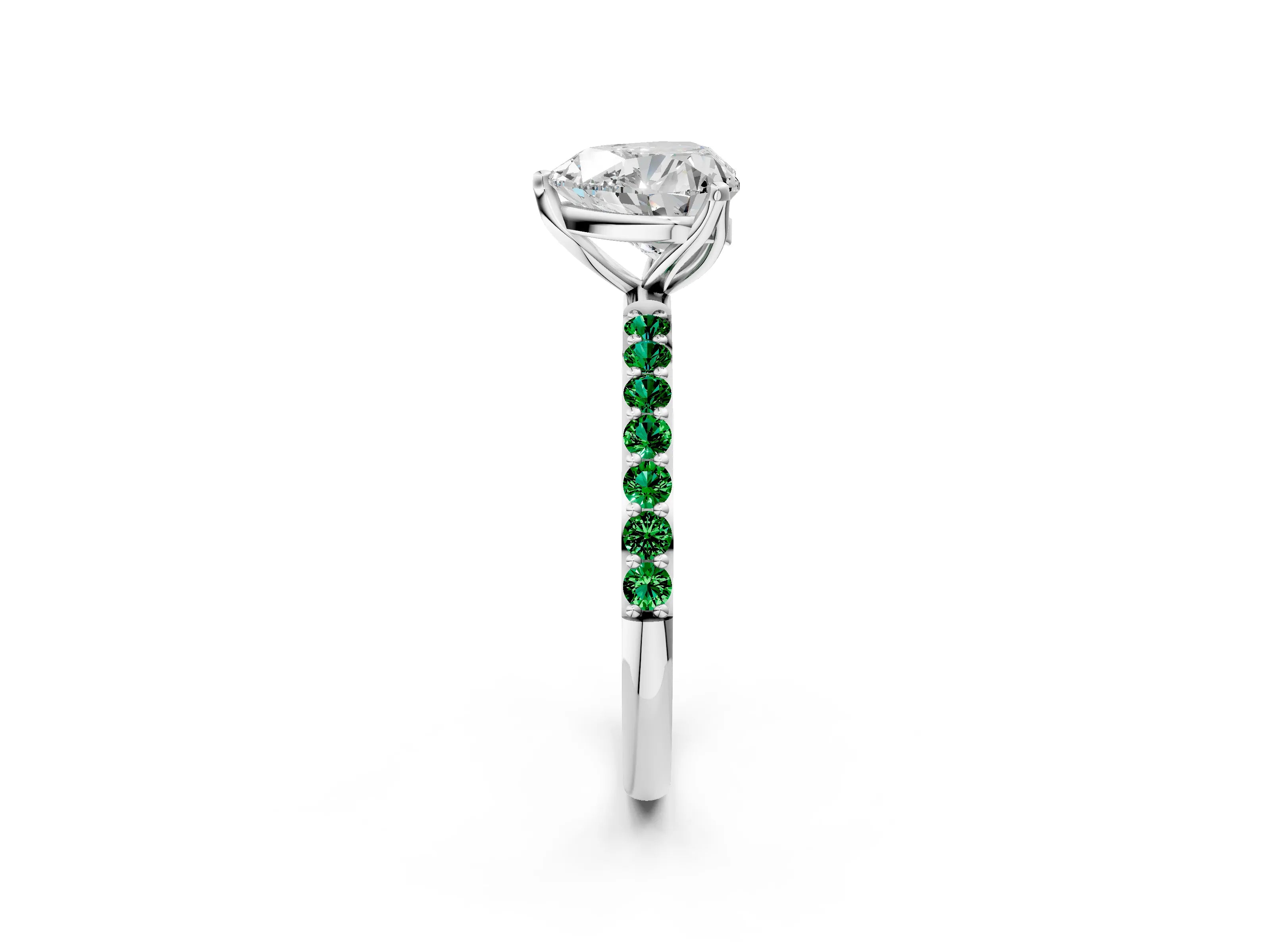 White gold Heart Cut Diamond Solitaire Engagement Ring with Round with Emerald side stone Pavé Band and Prong Setting_26