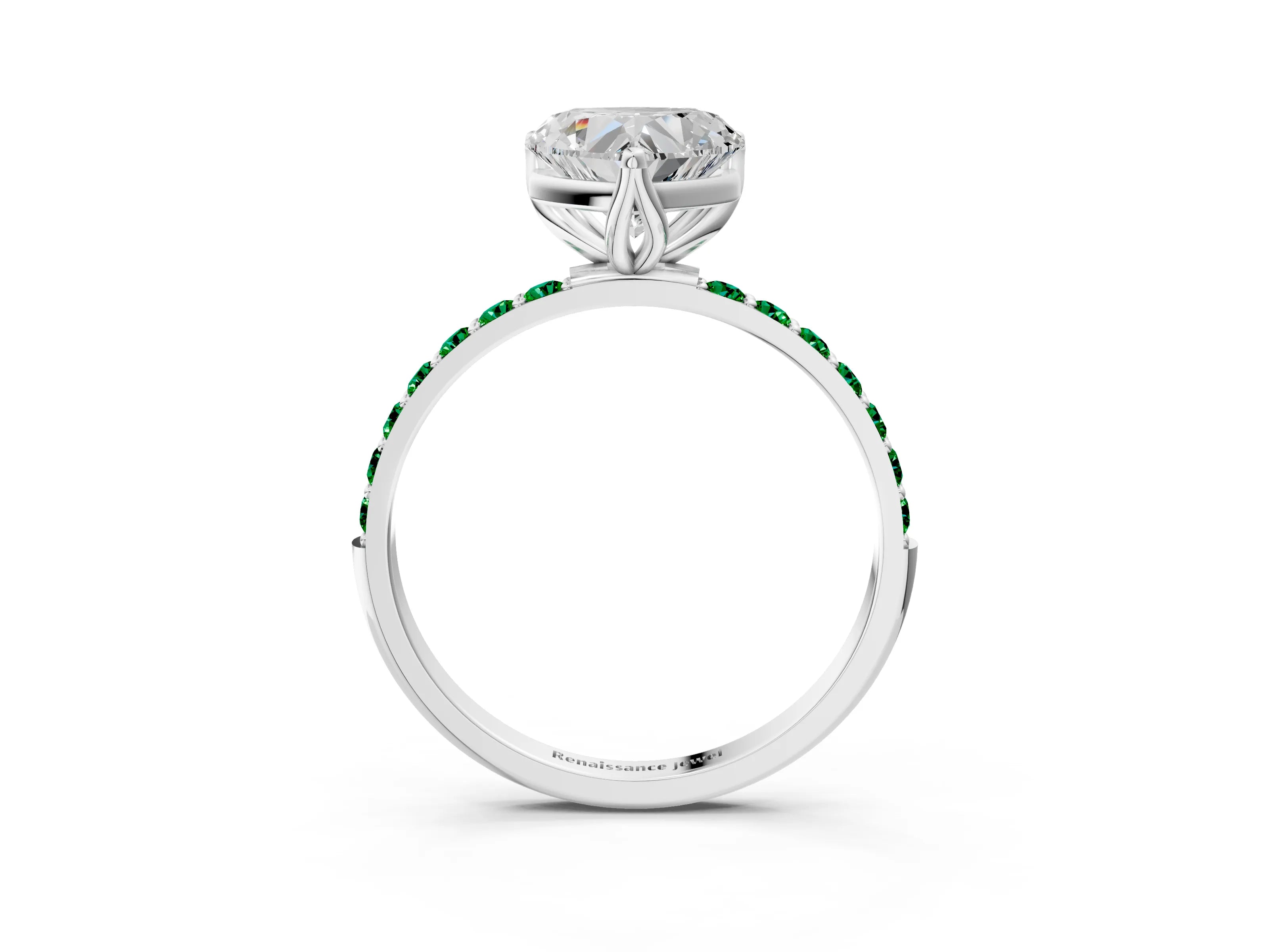 White gold Heart Cut Diamond Solitaire Engagement Ring with Round with Emerald side stone Pavé Band and Prong Setting_27