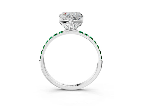 White gold Heart Cut Diamond Solitaire Engagement Ring with Round with Emerald side stone Pavé Band and Prong Setting_27