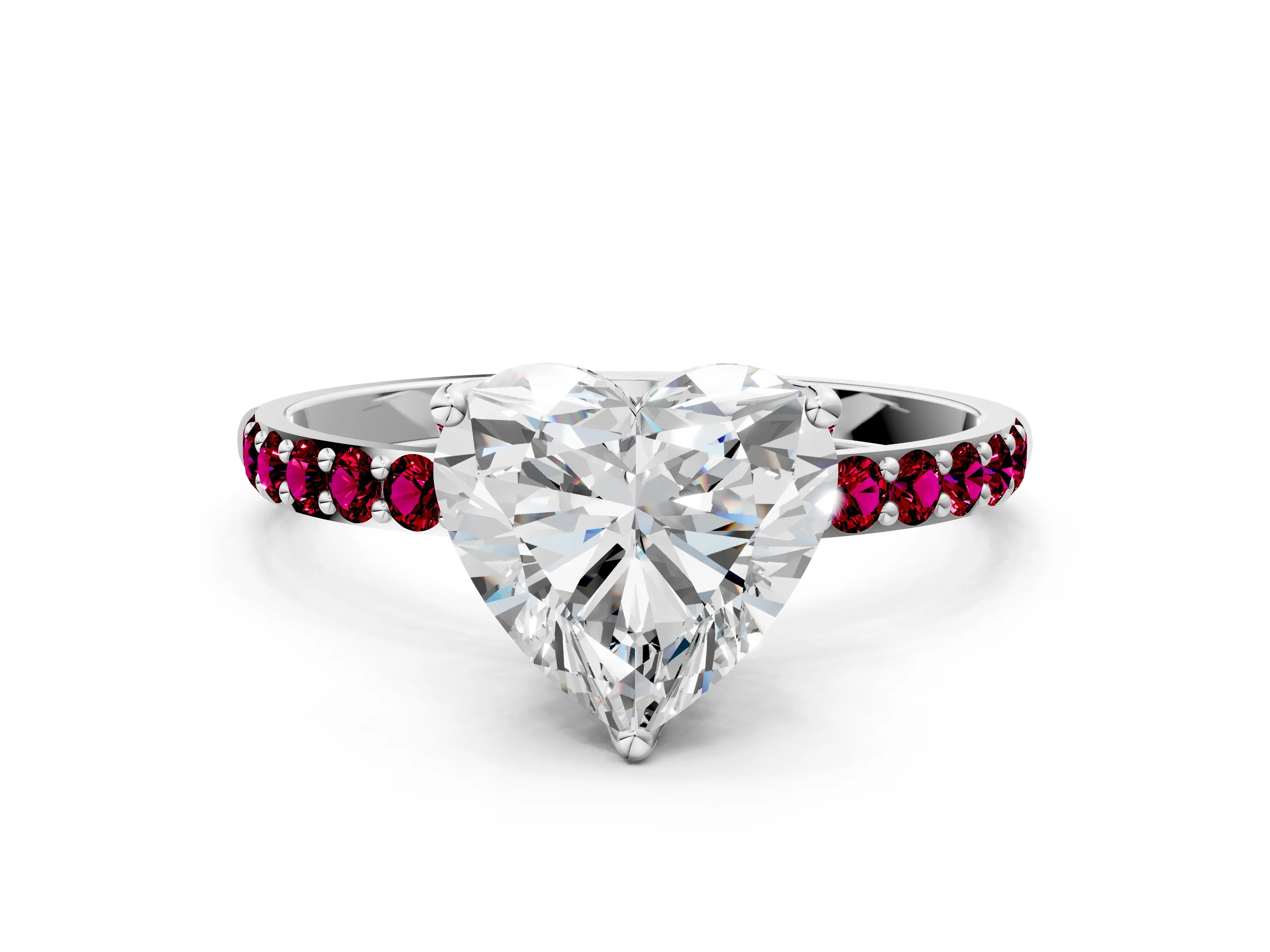 White gold Heart Cut Diamond Solitaire Engagement Ring with Round with Garnet side stone Pavé Band and Prong Setting_12