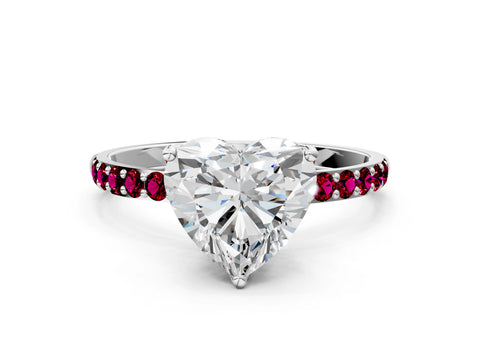 White gold Heart Cut Diamond Solitaire Engagement Ring with Round with Garnet side stone Pavé Band and Prong Setting_12