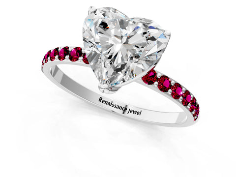 White gold Heart Cut Diamond Solitaire Engagement Ring with Round with Garnet side stone Pavé Band and Prong Setting_13